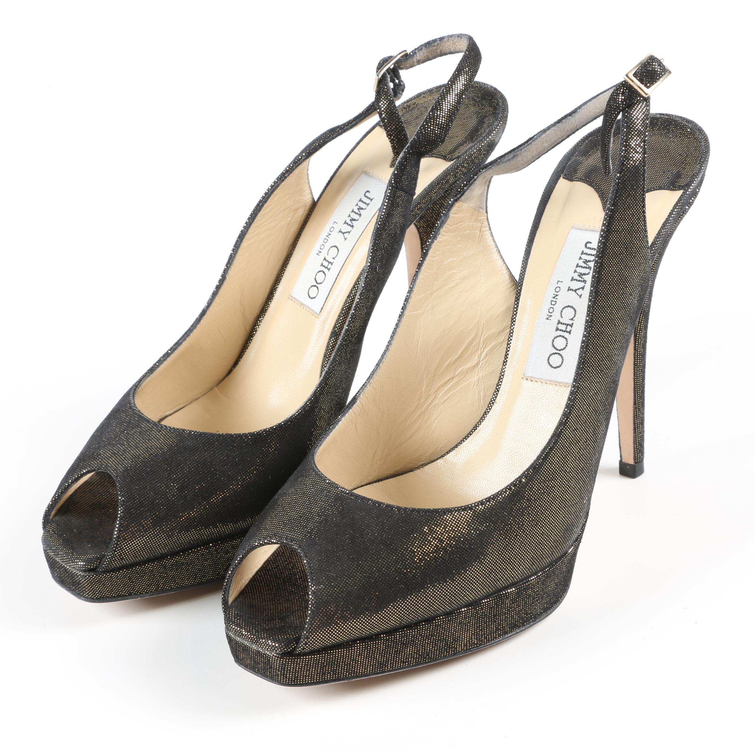 Jimmy Choo London Black and Gold Glitter Suede Peep-Toe High Heel Slingbacks