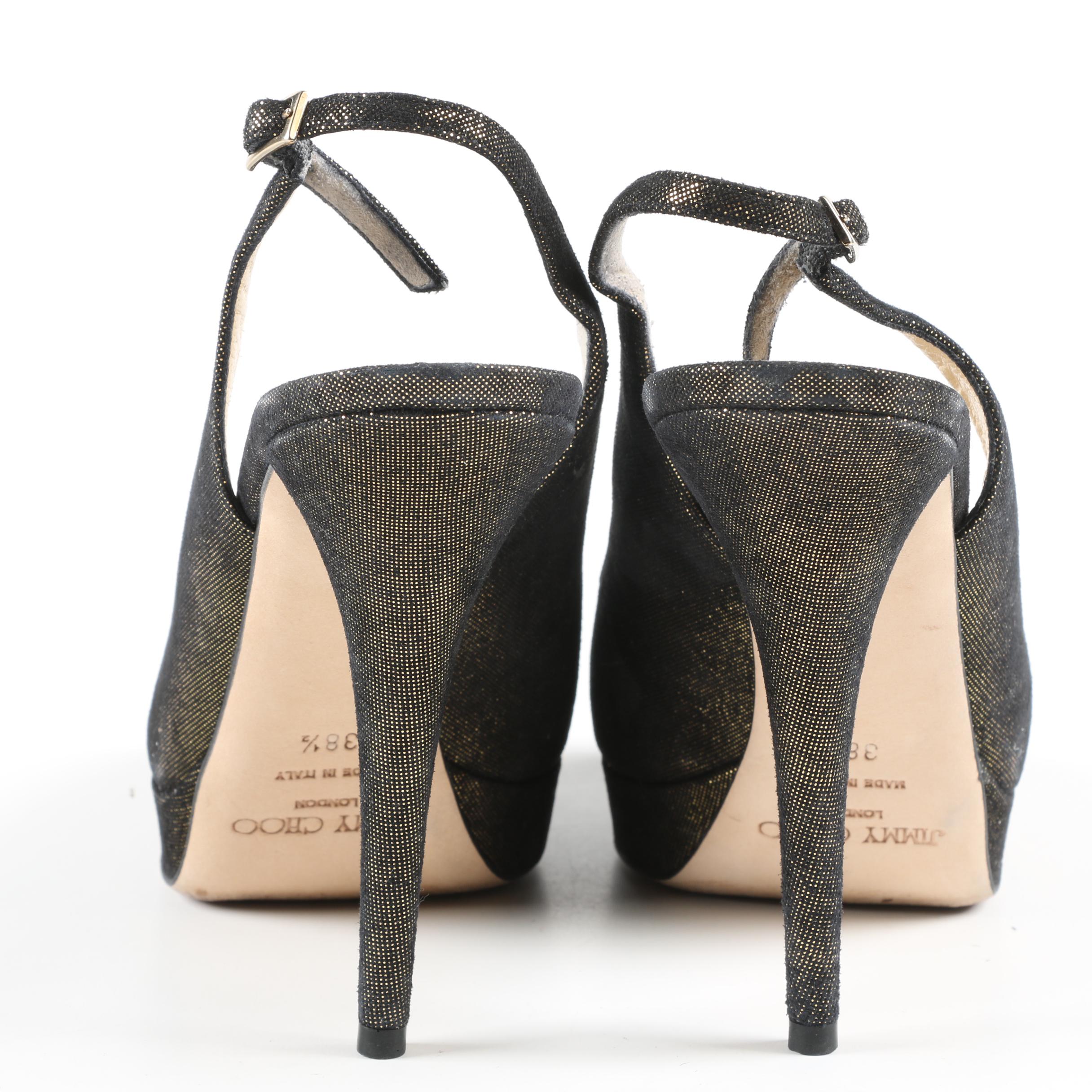 Jimmy Choo London Black and Gold Glitter Suede Peep-Toe High Heel Slingbacks
