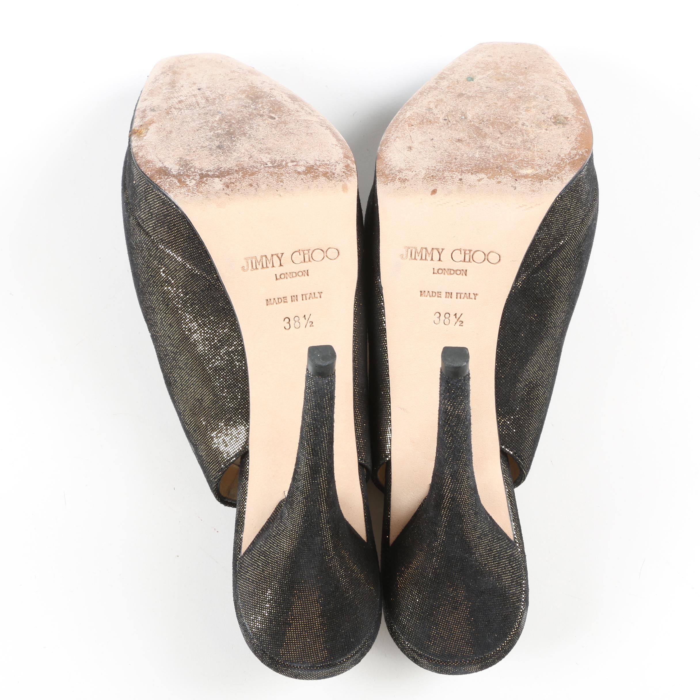 Jimmy Choo London Black and Gold Glitter Suede Peep-Toe High Heel Slingbacks