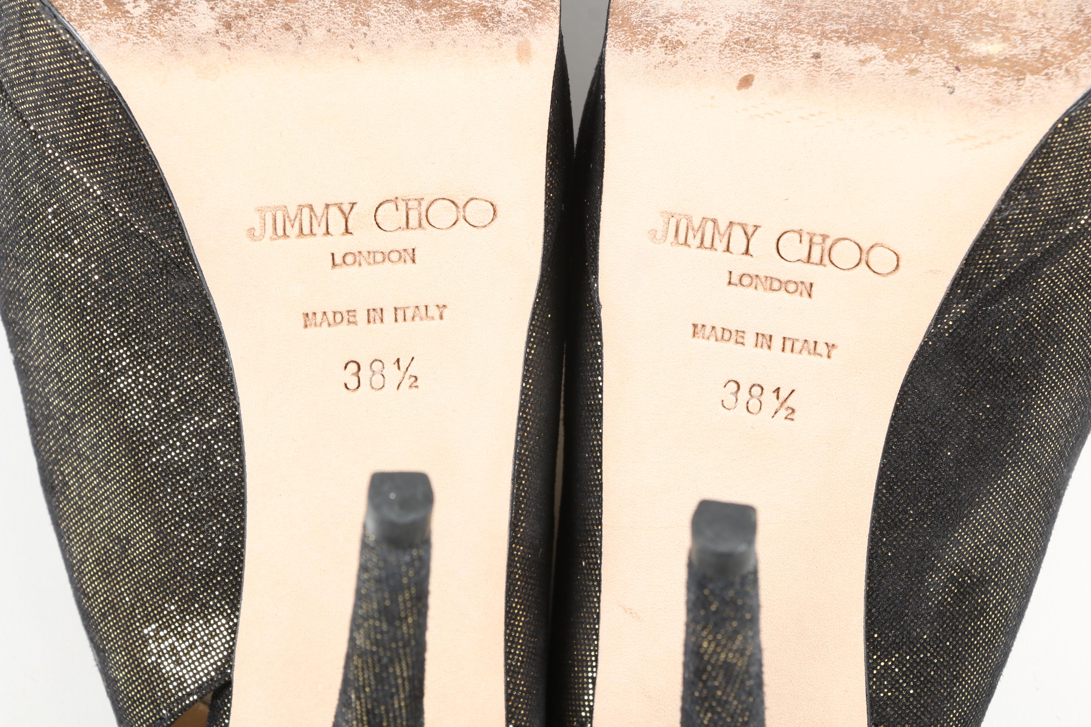 Jimmy Choo London Black and Gold Glitter Suede Peep-Toe High Heel Slingbacks