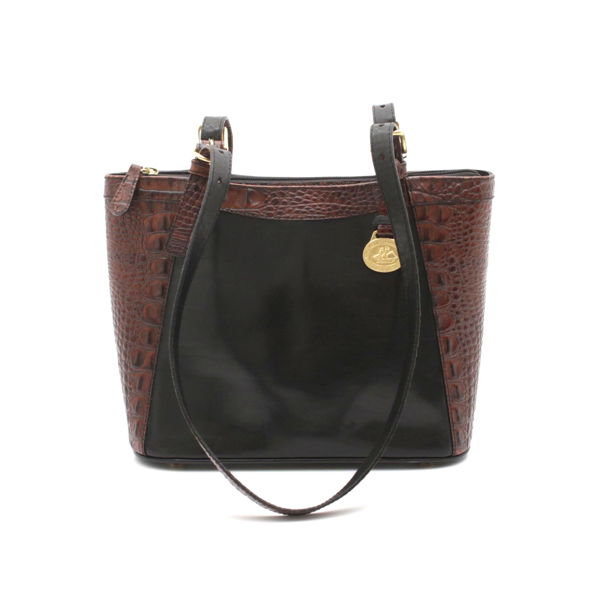 Brahmin Crocodile Embossed and Black Leather Shoulder Bag