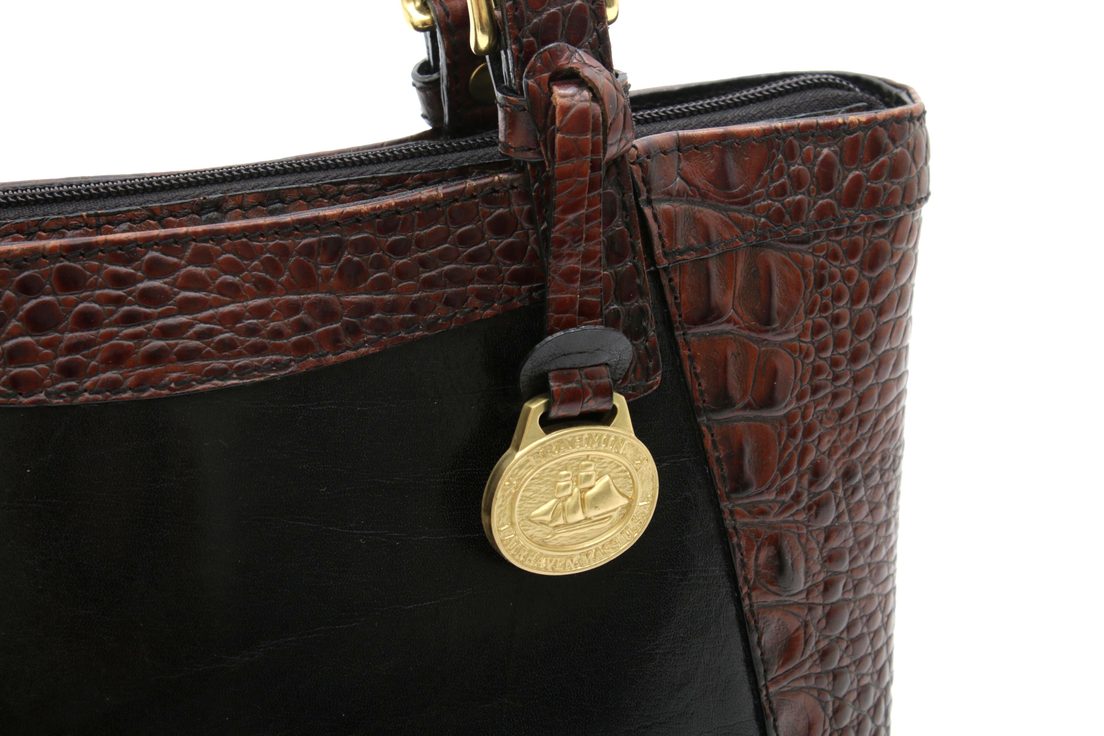 Brahmin Crocodile Embossed and Black Leather Shoulder Bag
