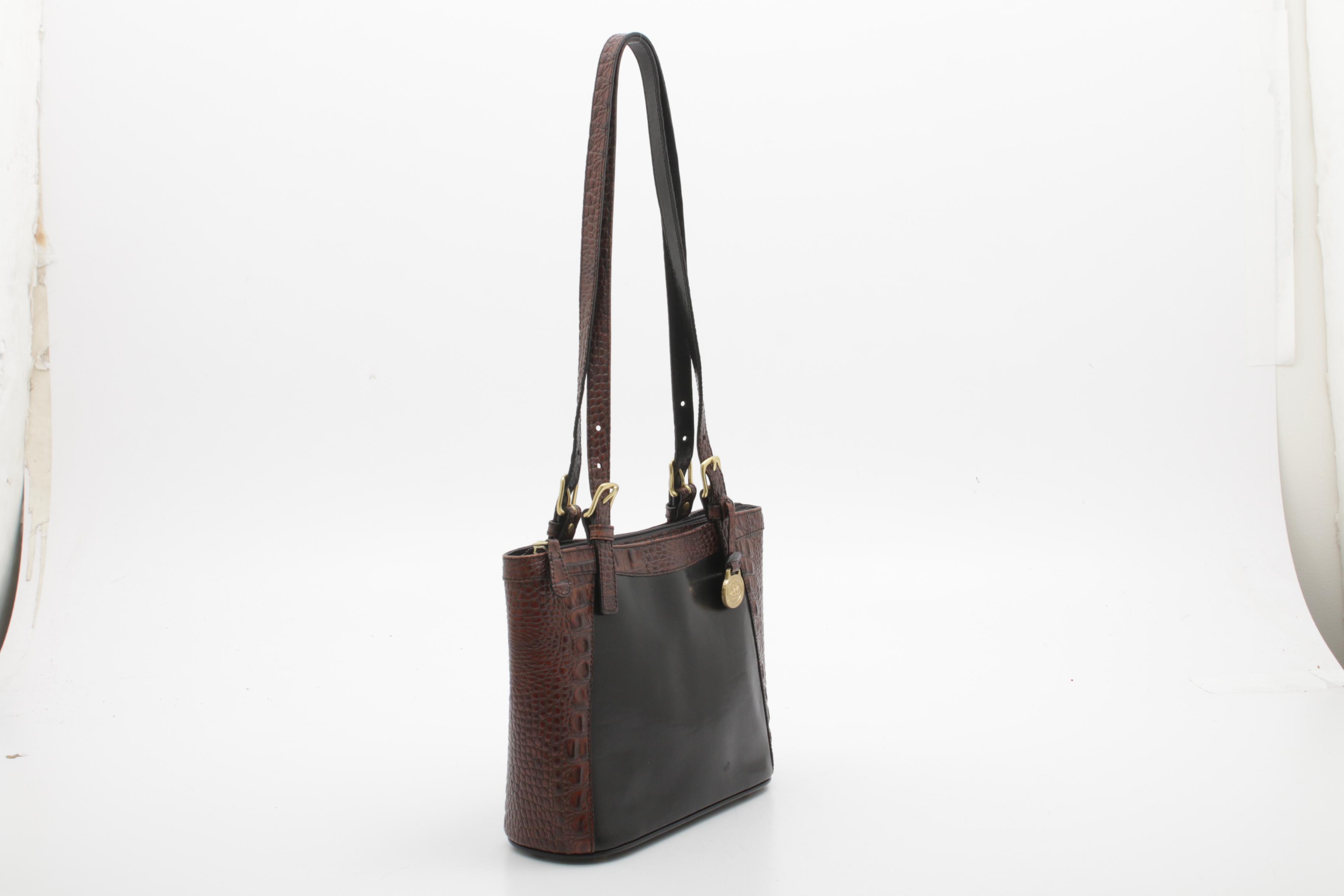 Brahmin Crocodile Embossed and Black Leather Shoulder Bag