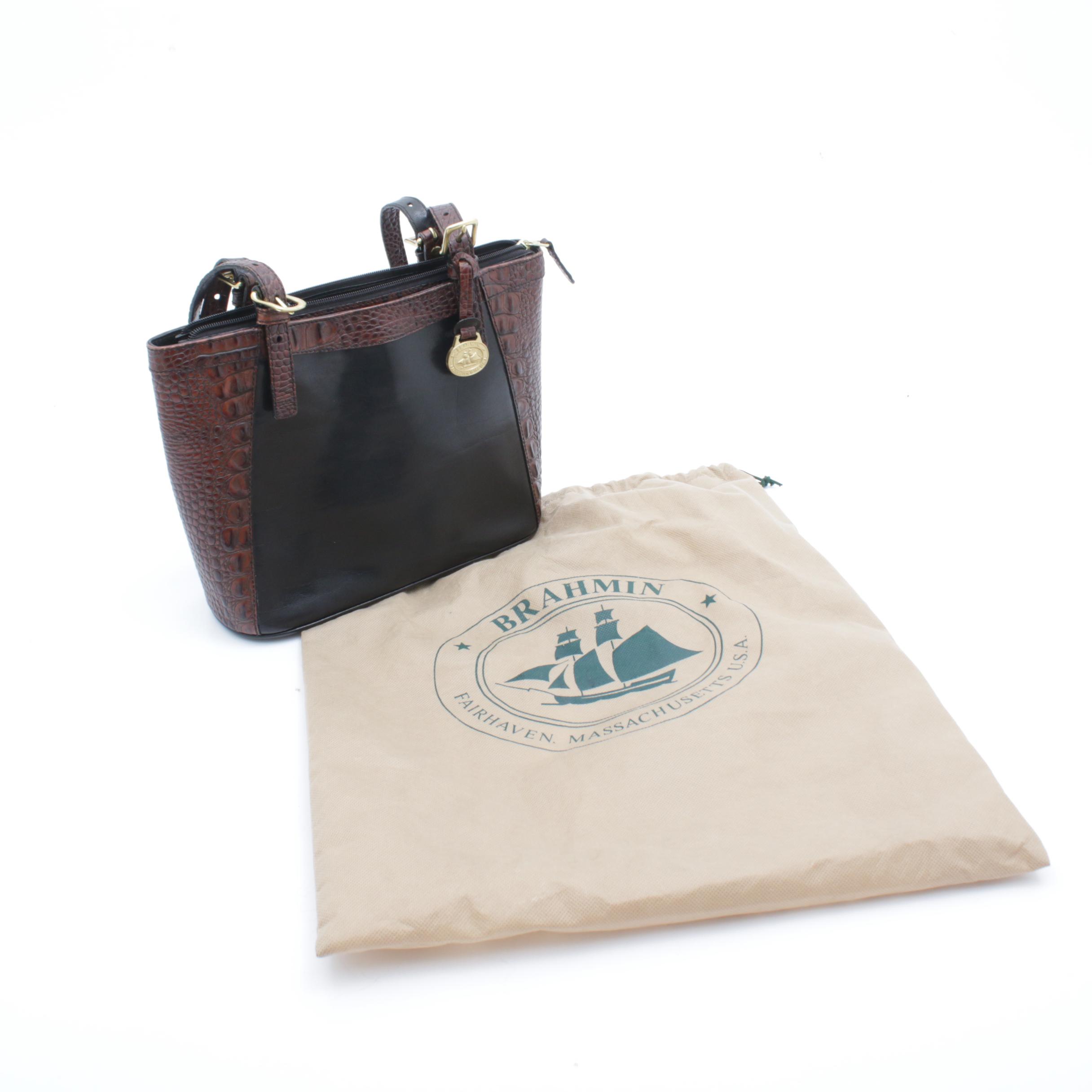 Brahmin Crocodile Embossed and Black Leather Shoulder Bag