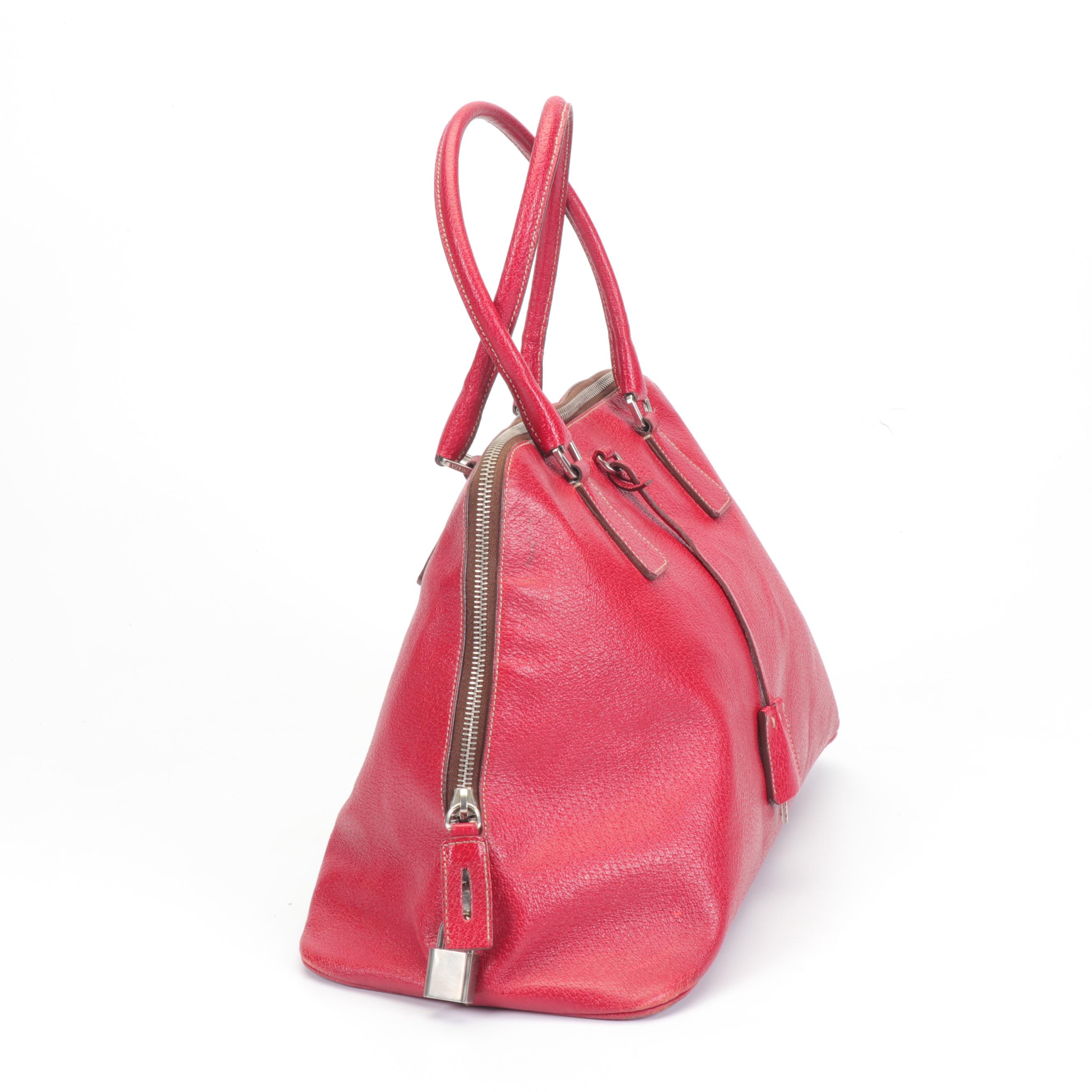 Prada Red Leather Structured Top Handle Trapezoid Satchel