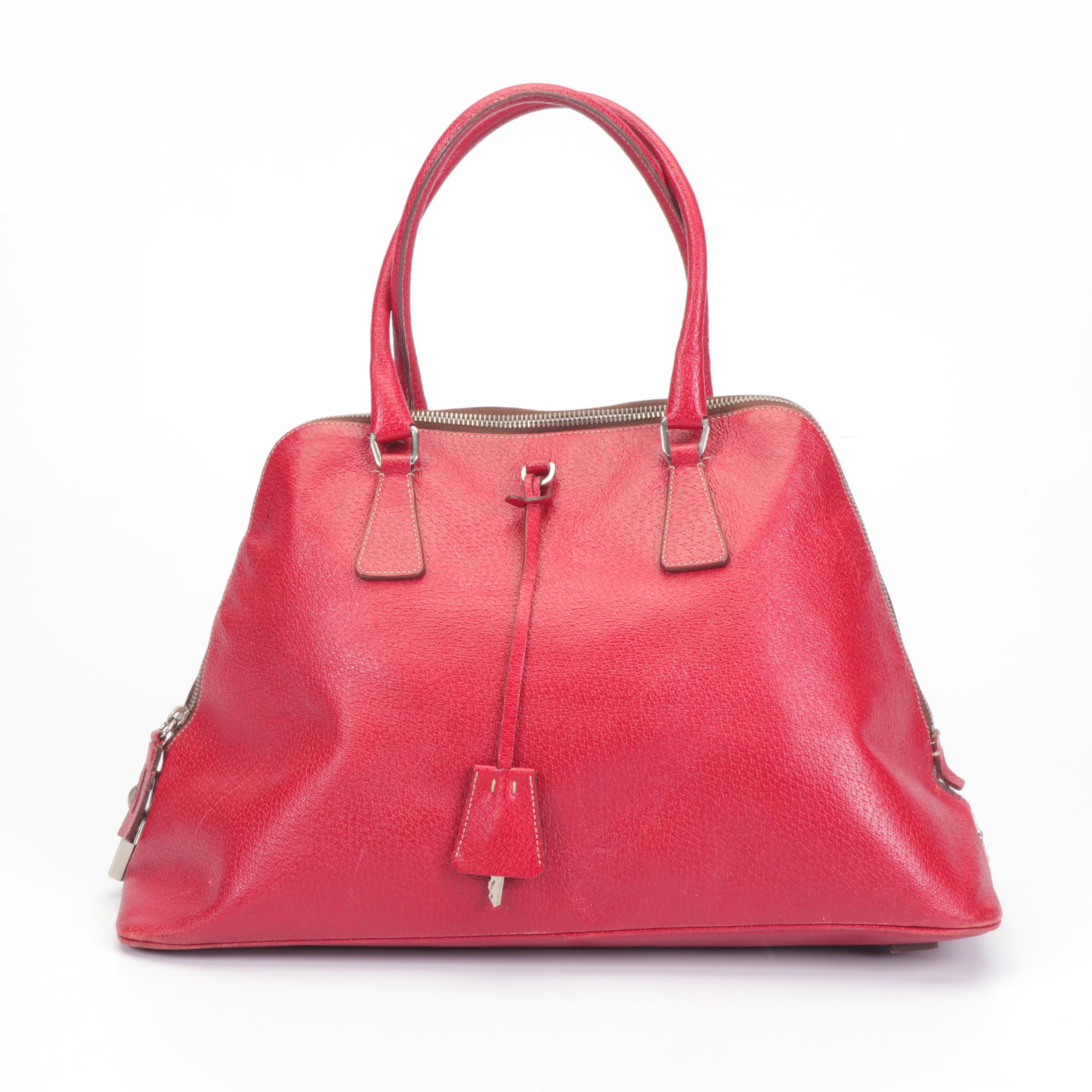 Prada Red Leather Structured Top Handle Trapezoid Satchel