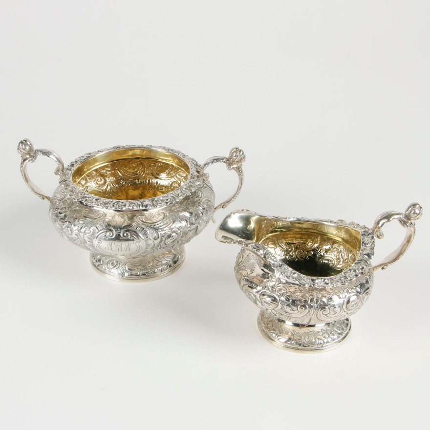 English Regency Repoussé Sterling Silver Sugar Bowl and Creamer, 1830