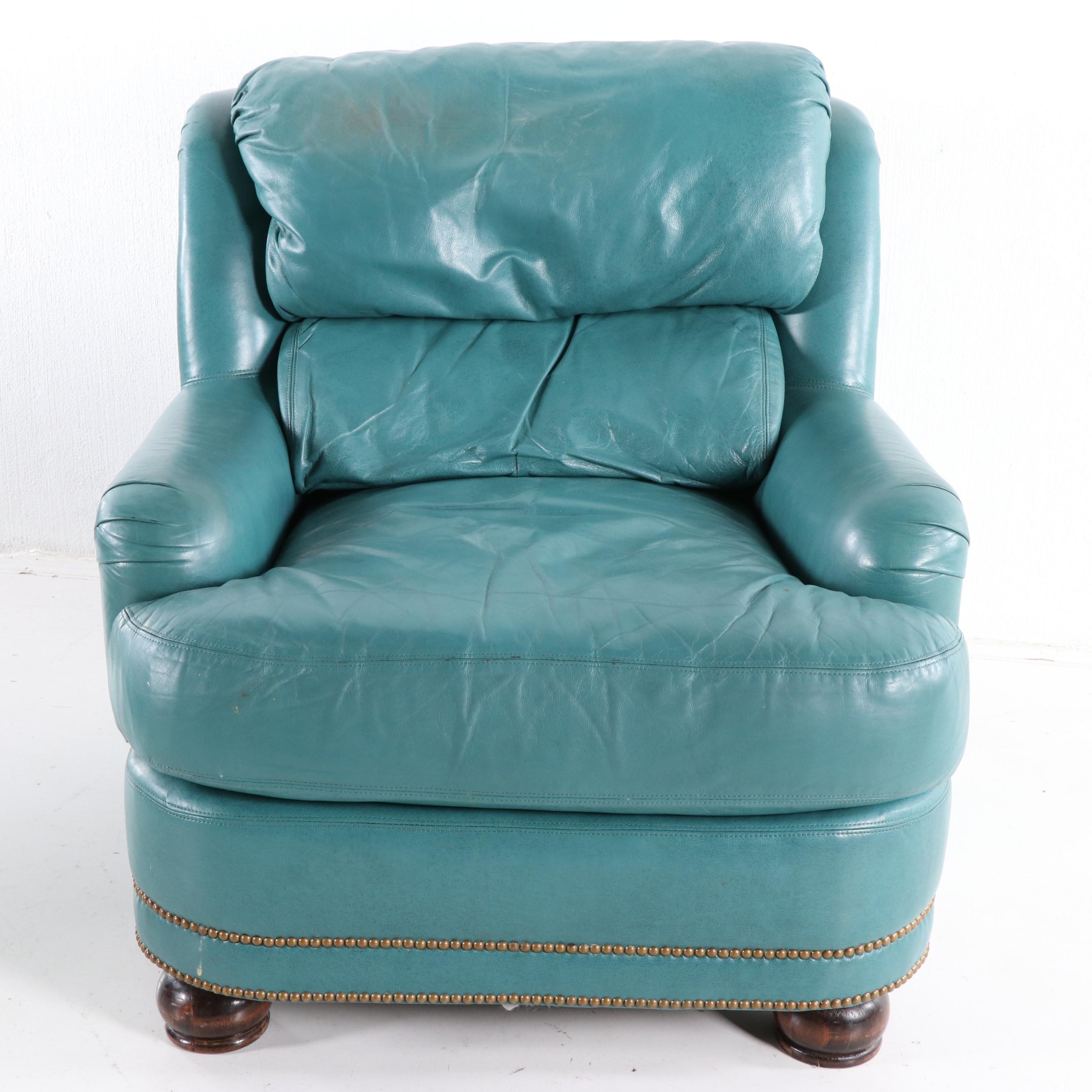 Hancock & Moore Teal Leather Club Chair With Nailhead Trim, Late 20th Century