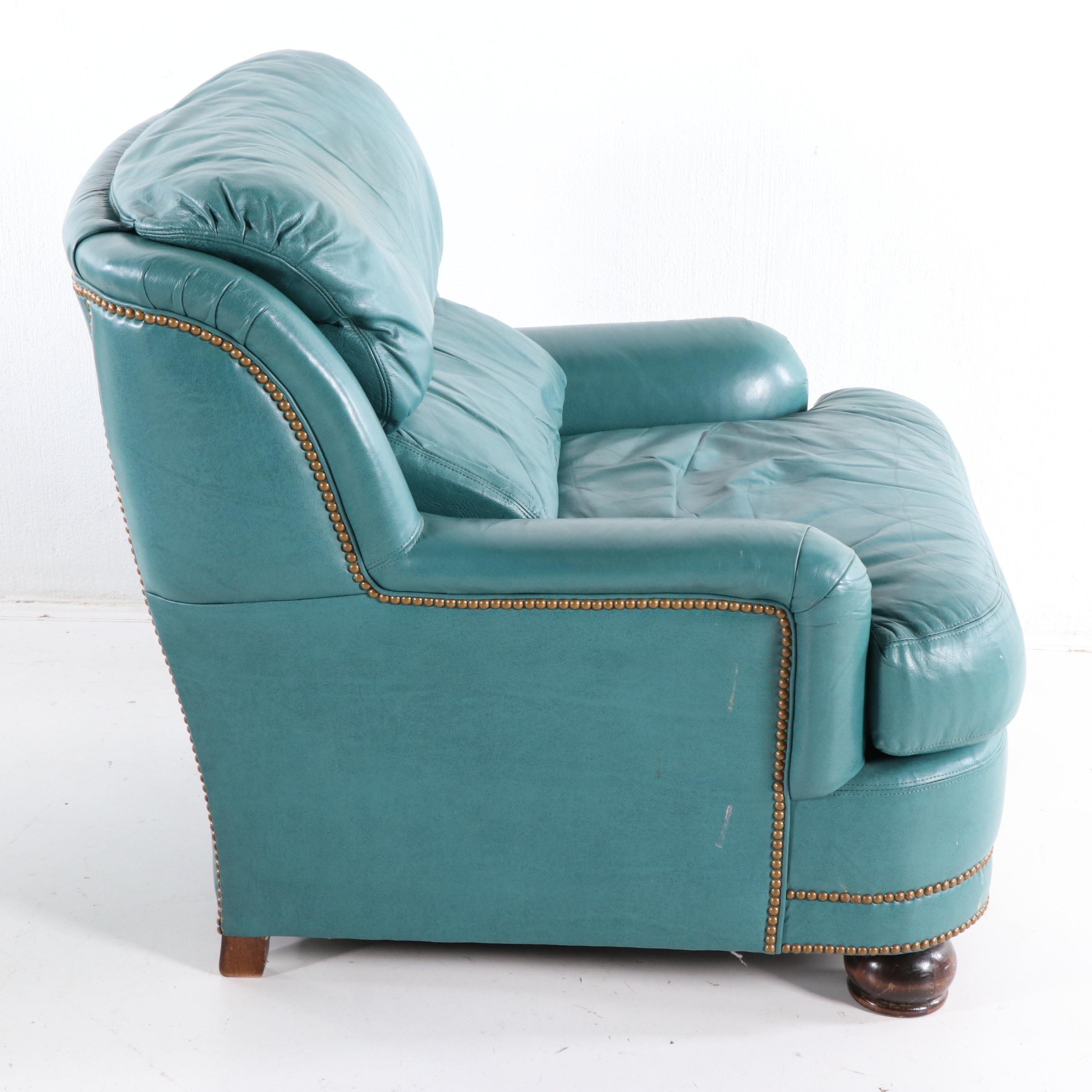 Hancock & Moore Teal Leather Club Chair With Nailhead Trim, Late 20th Century