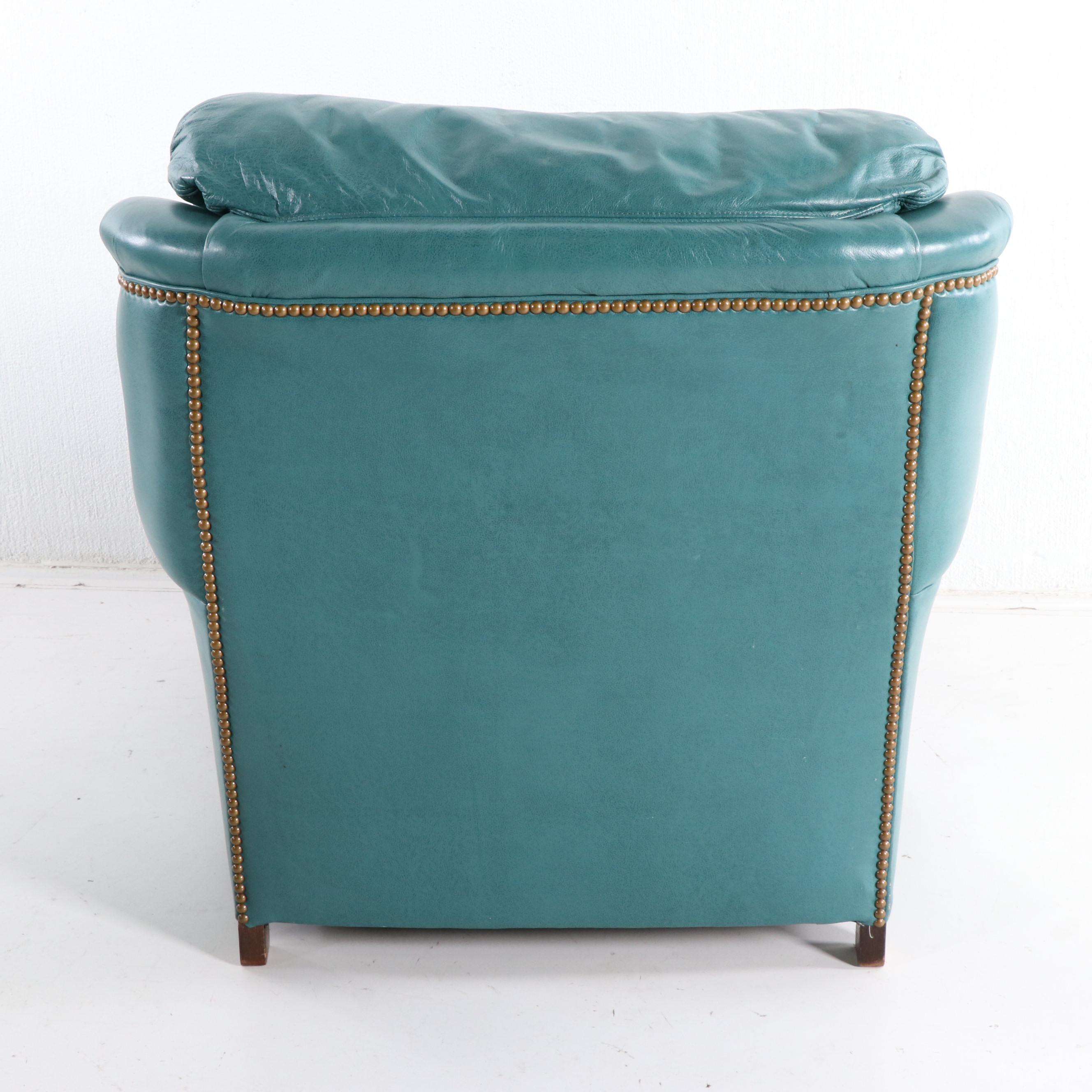Hancock & Moore Teal Leather Club Chair With Nailhead Trim, Late 20th Century