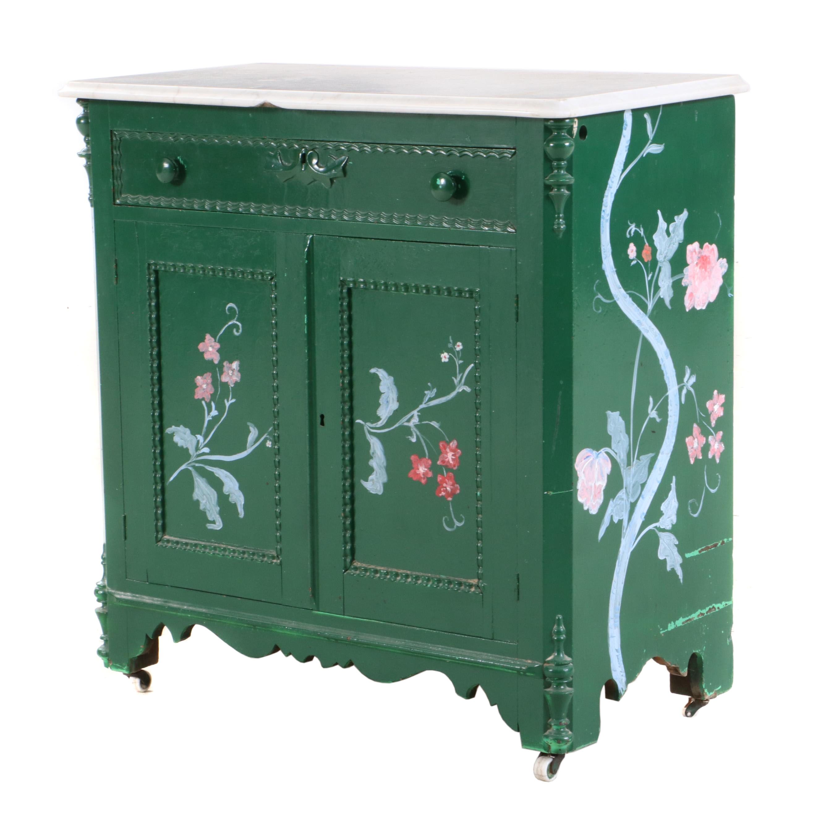 Victorian Paint-Decorated and White Marble Washstand, Late 19th Century & Later