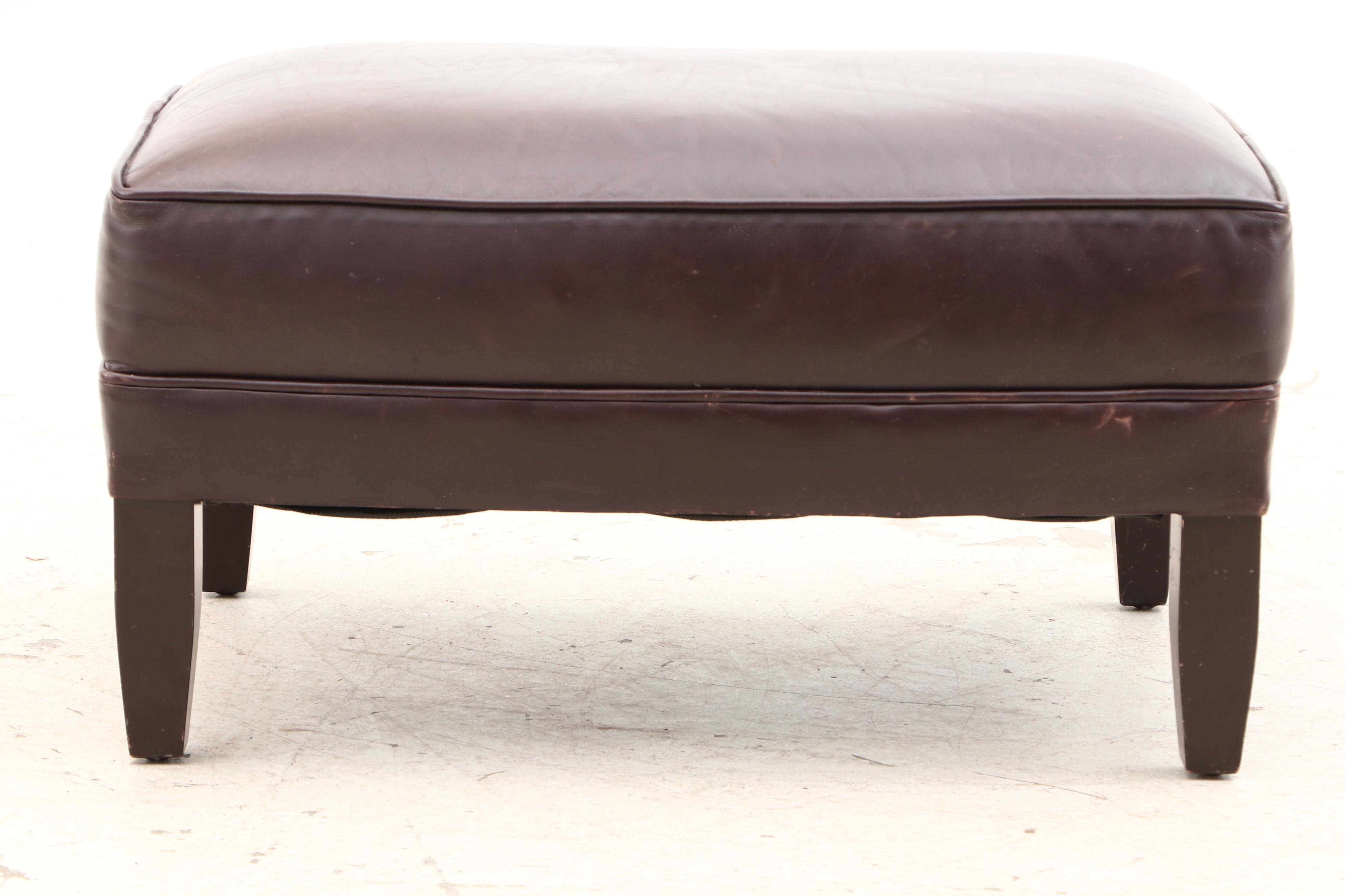 Arhaus Furniture, "Alex" Brown Leather Armchair and Ottoman