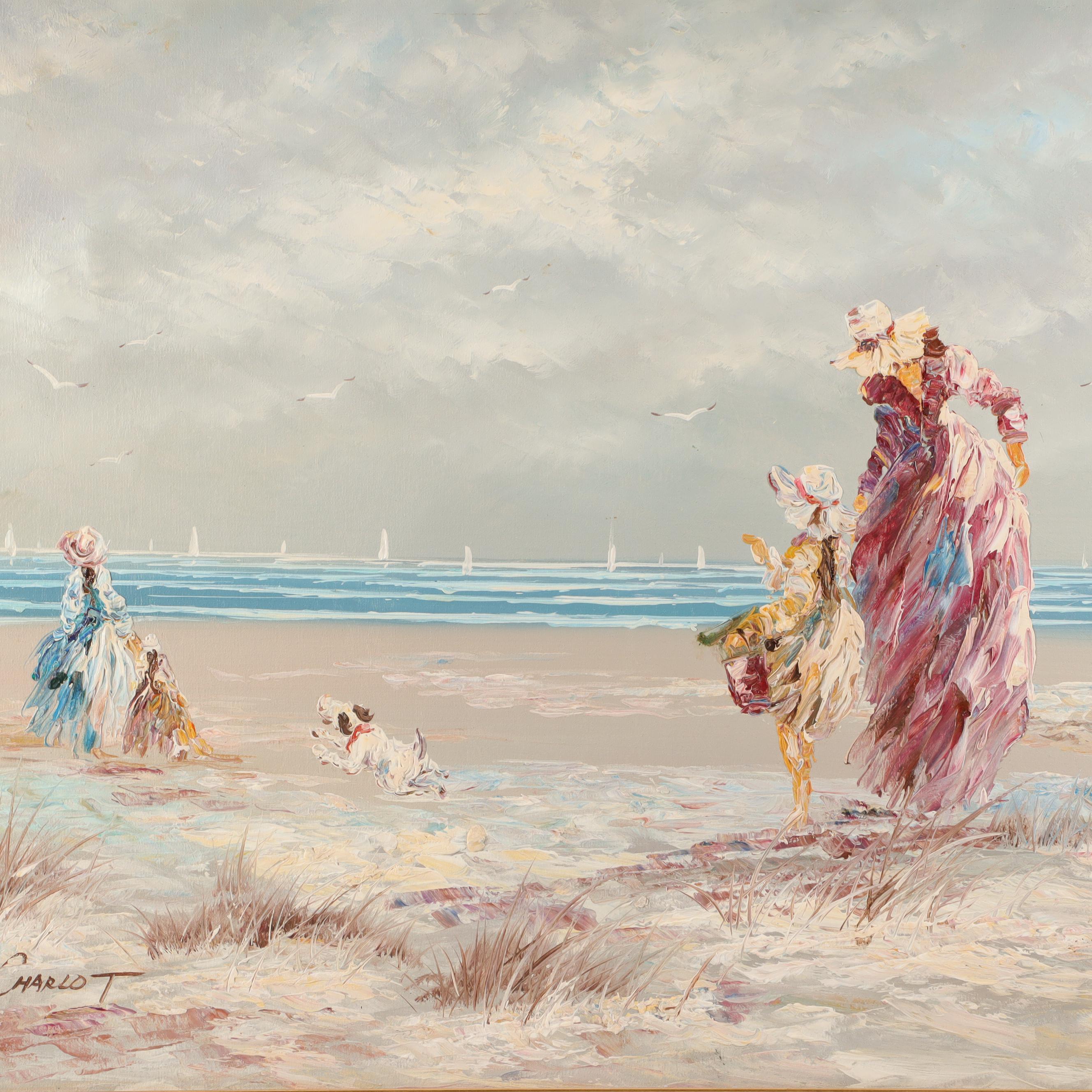Marie Charlot Oil Painting of Woman and Children at Beach