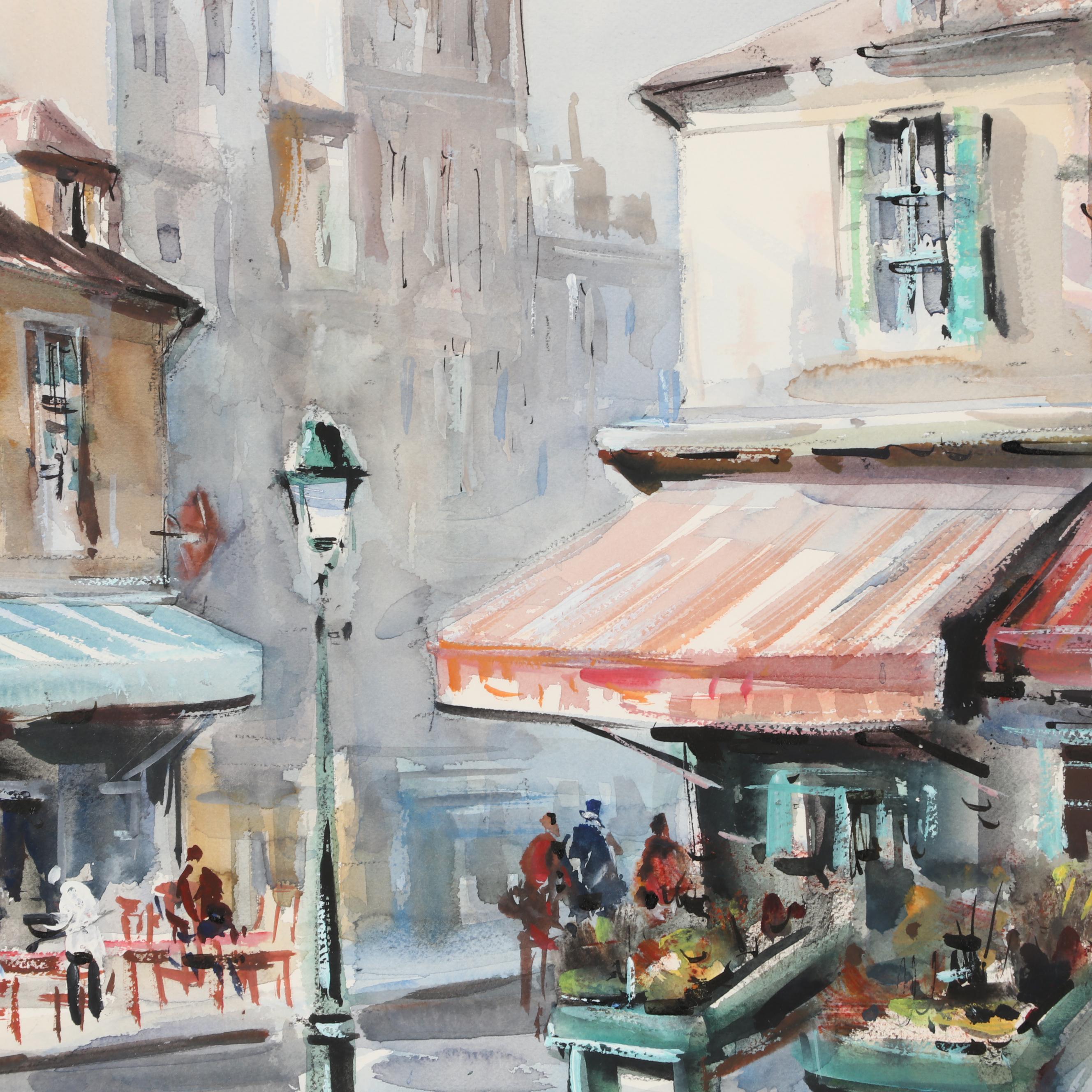 Lucien Delarue Watercolor of Parisian Marketplace