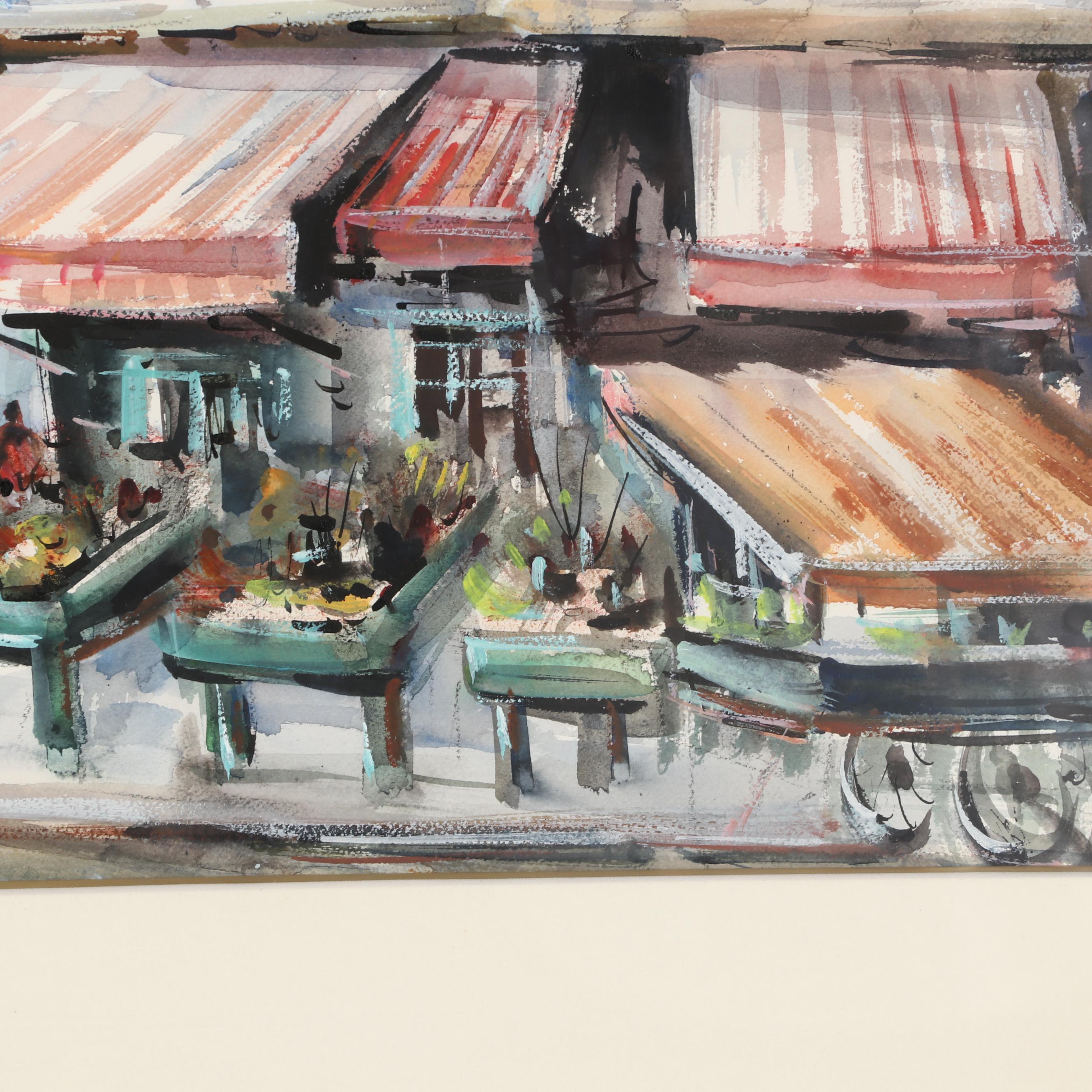 Lucien Delarue Watercolor of Parisian Marketplace