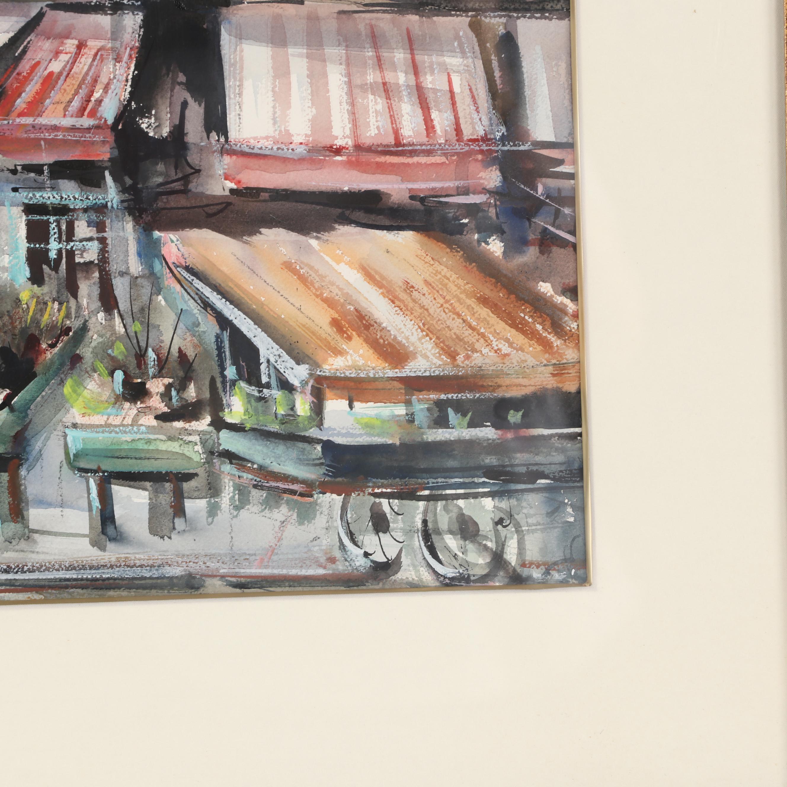 Lucien Delarue Watercolor of Parisian Marketplace