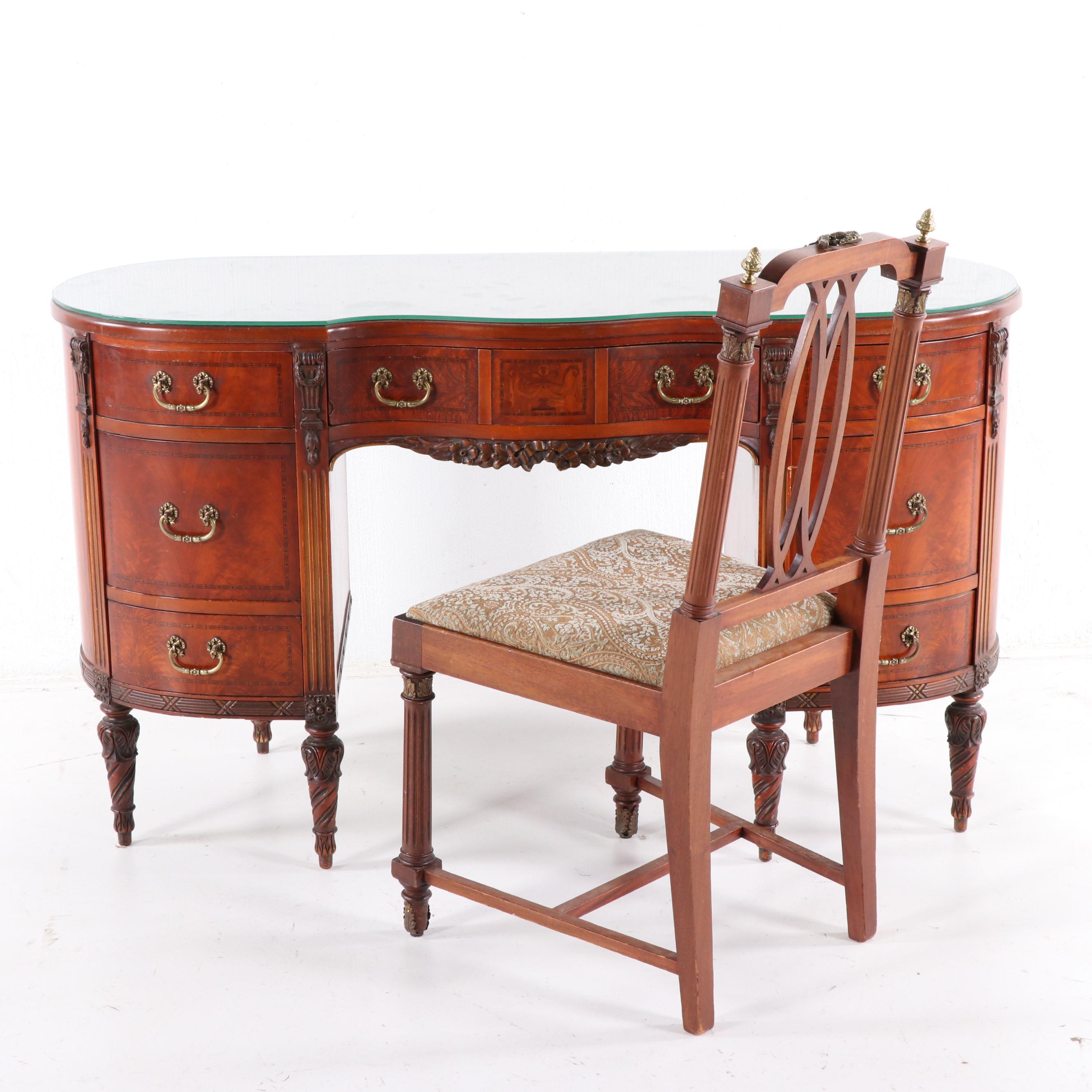 Louis XVI Style Mahogany Dressing Table and Chair, Mid-20th Century