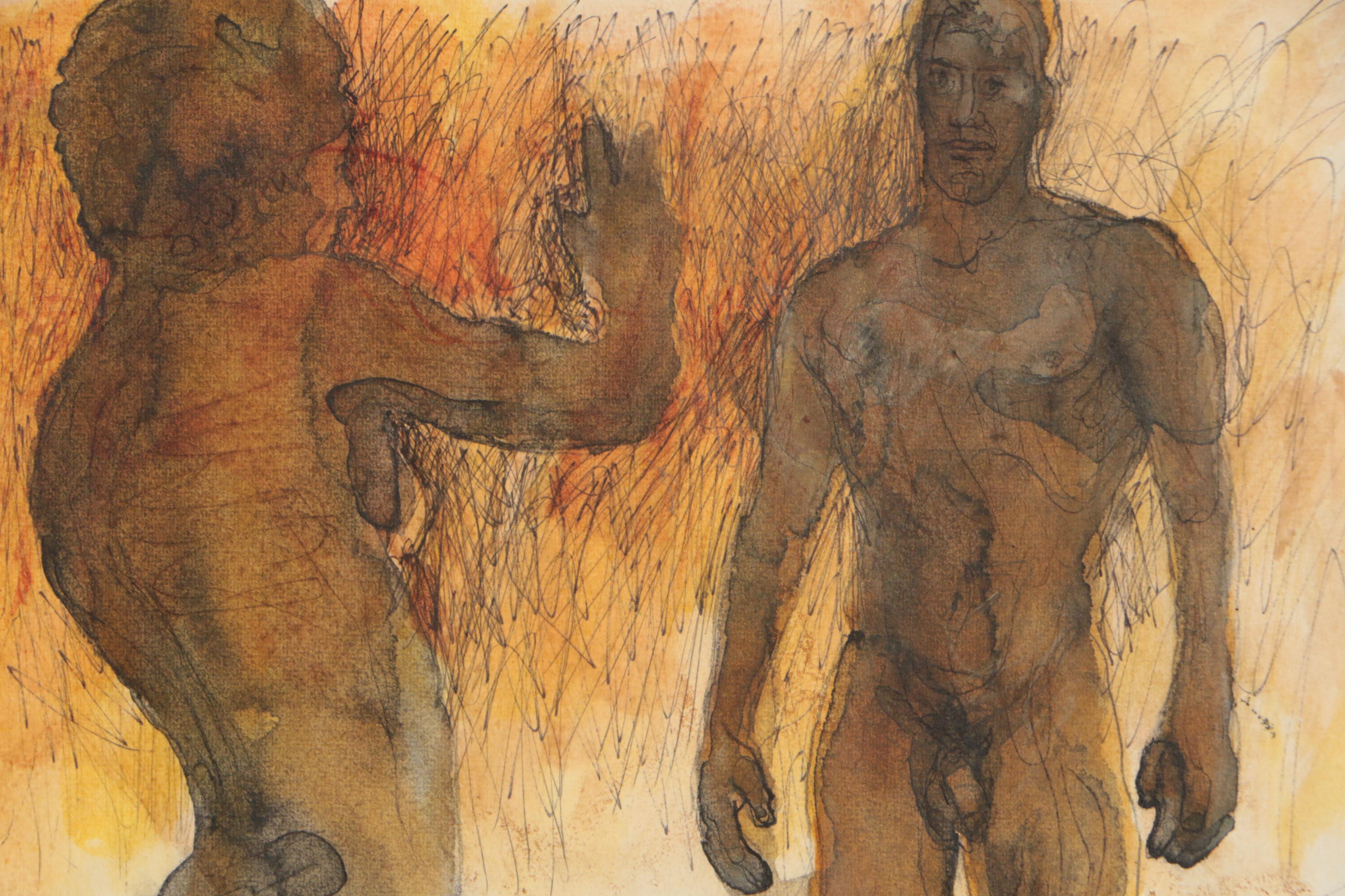 John Tuska Figural Double-Sided Ink and Watercolor Painting