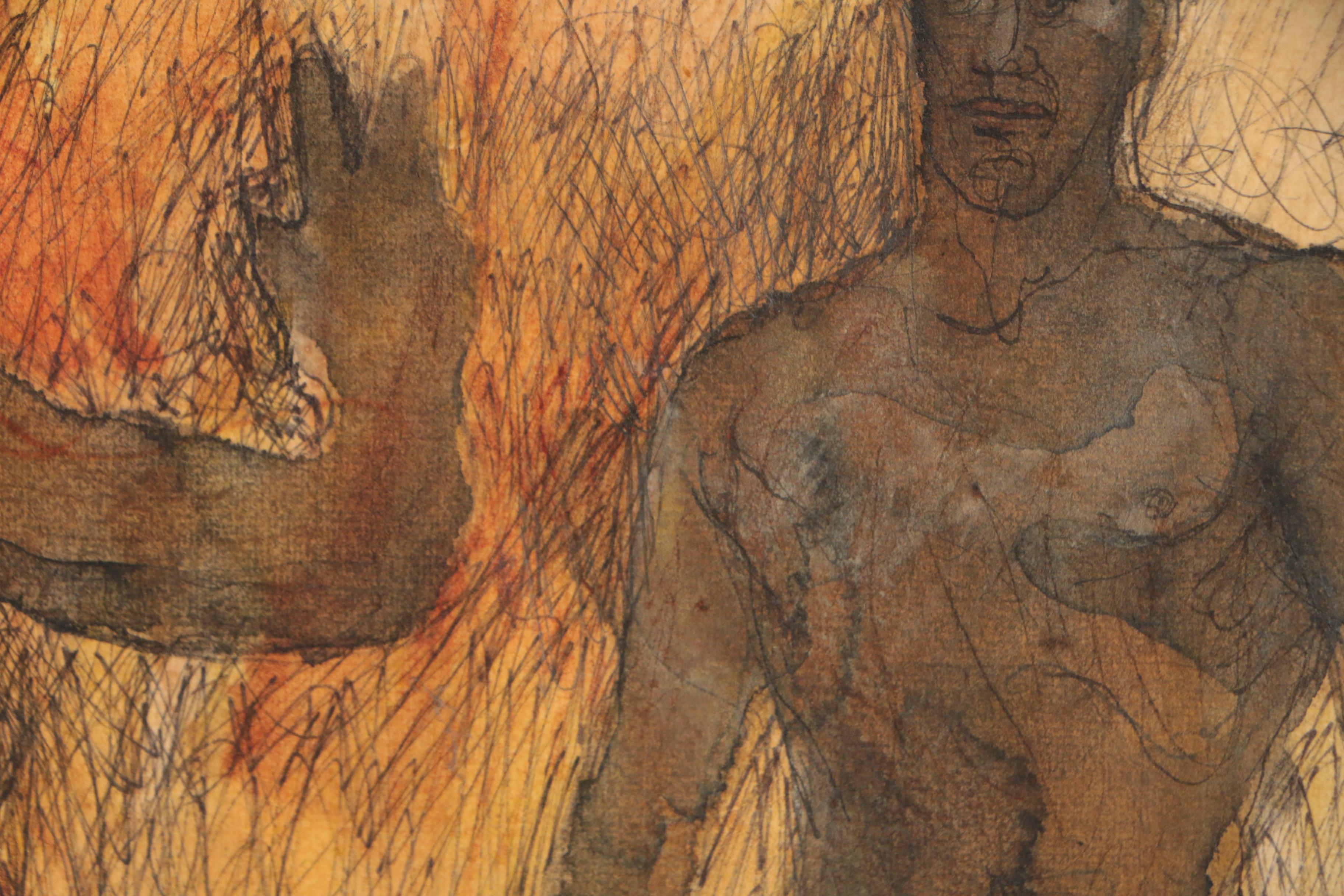 John Tuska Figural Double-Sided Ink and Watercolor Painting