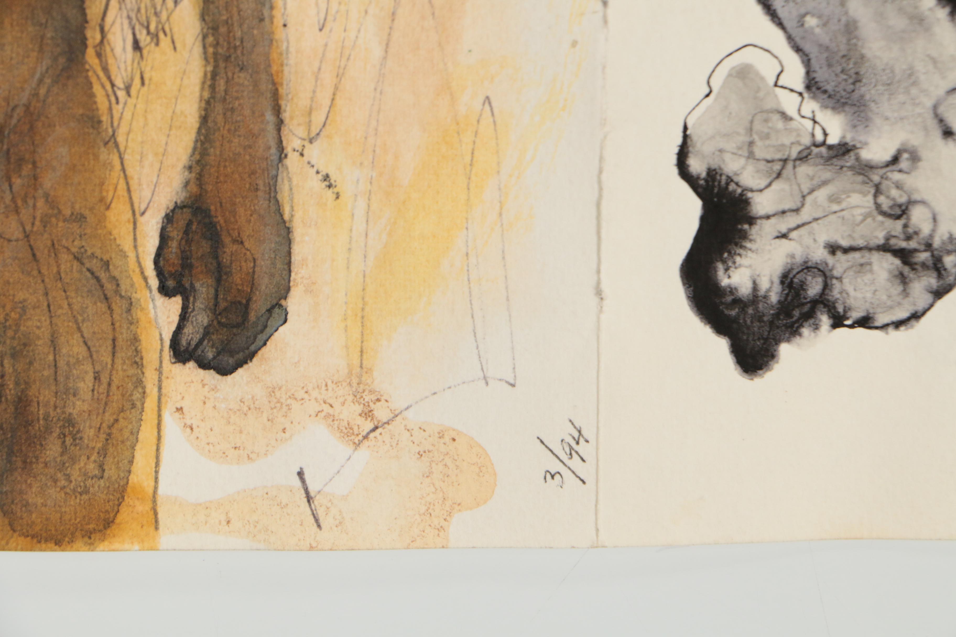 John Tuska Figural Double-Sided Ink and Watercolor Painting