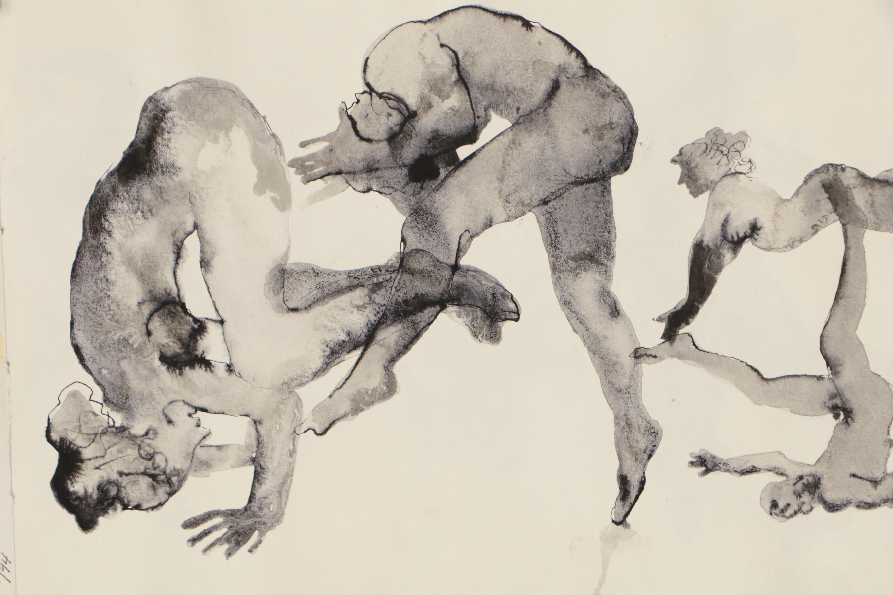 John Tuska Figural Double-Sided Ink and Watercolor Painting