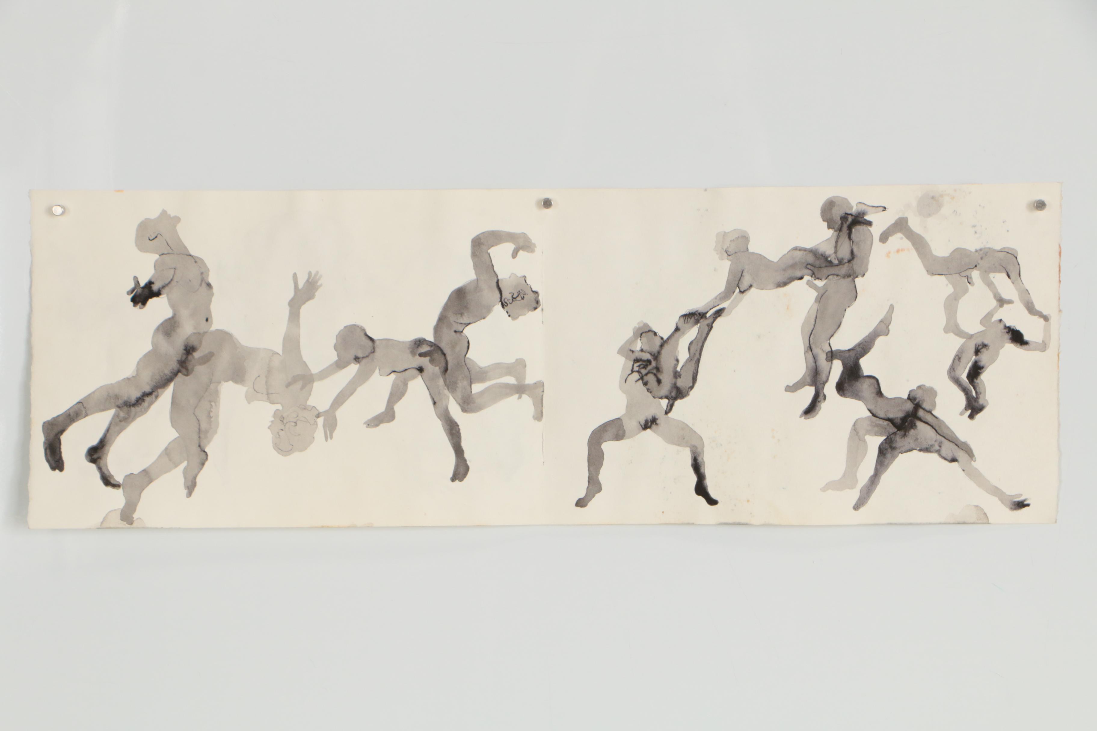 John Tuska Figural Double-Sided Ink and Watercolor Painting