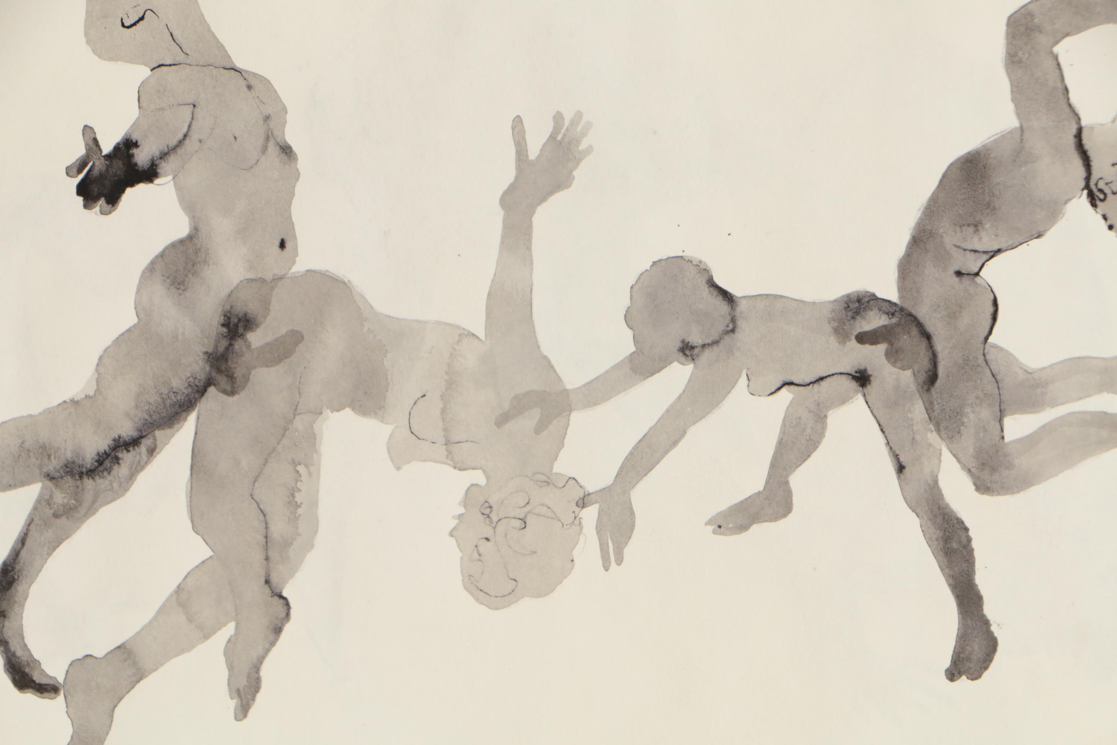 John Tuska Figural Double-Sided Ink and Watercolor Painting