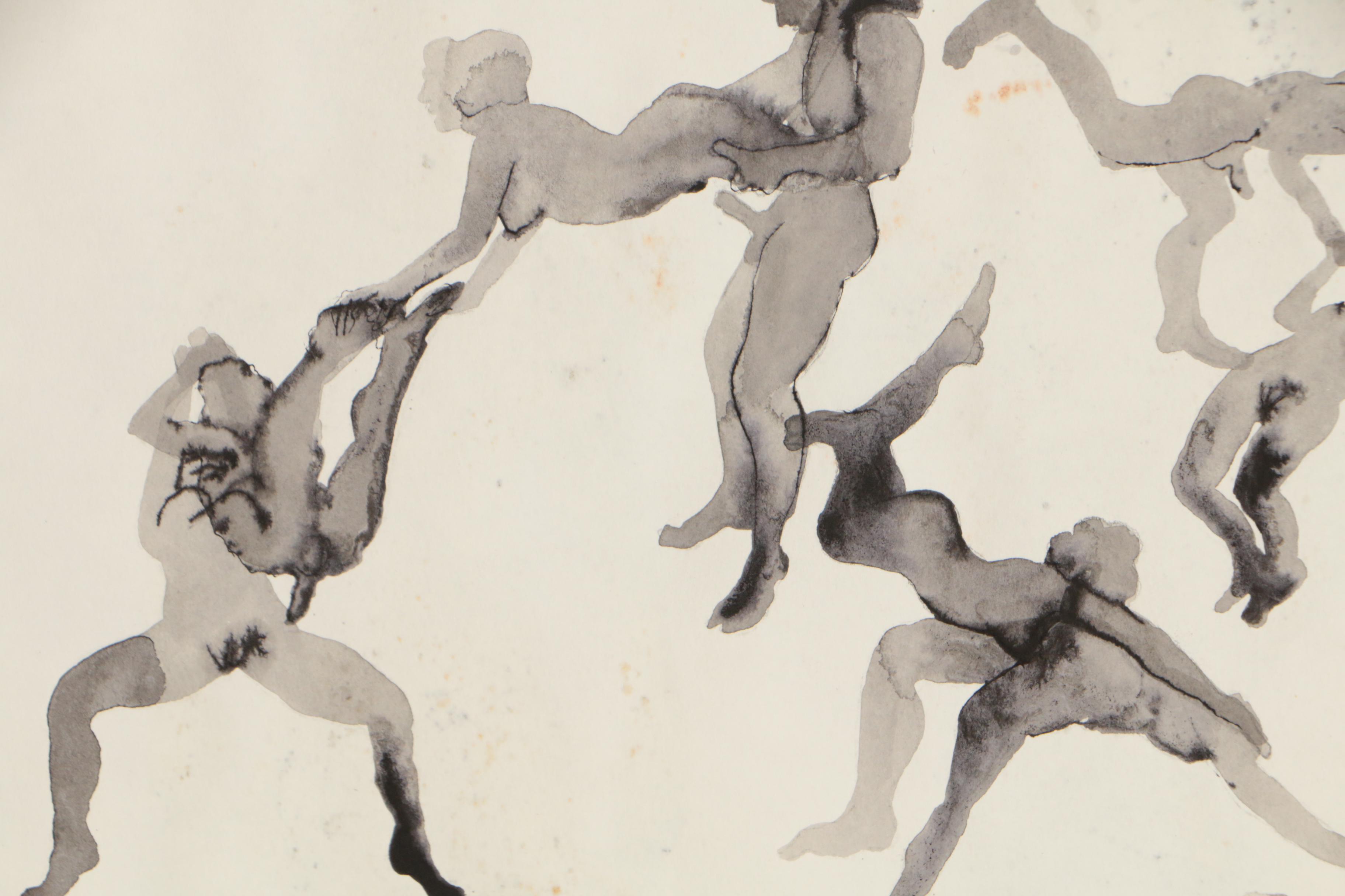 John Tuska Figural Double-Sided Ink and Watercolor Painting