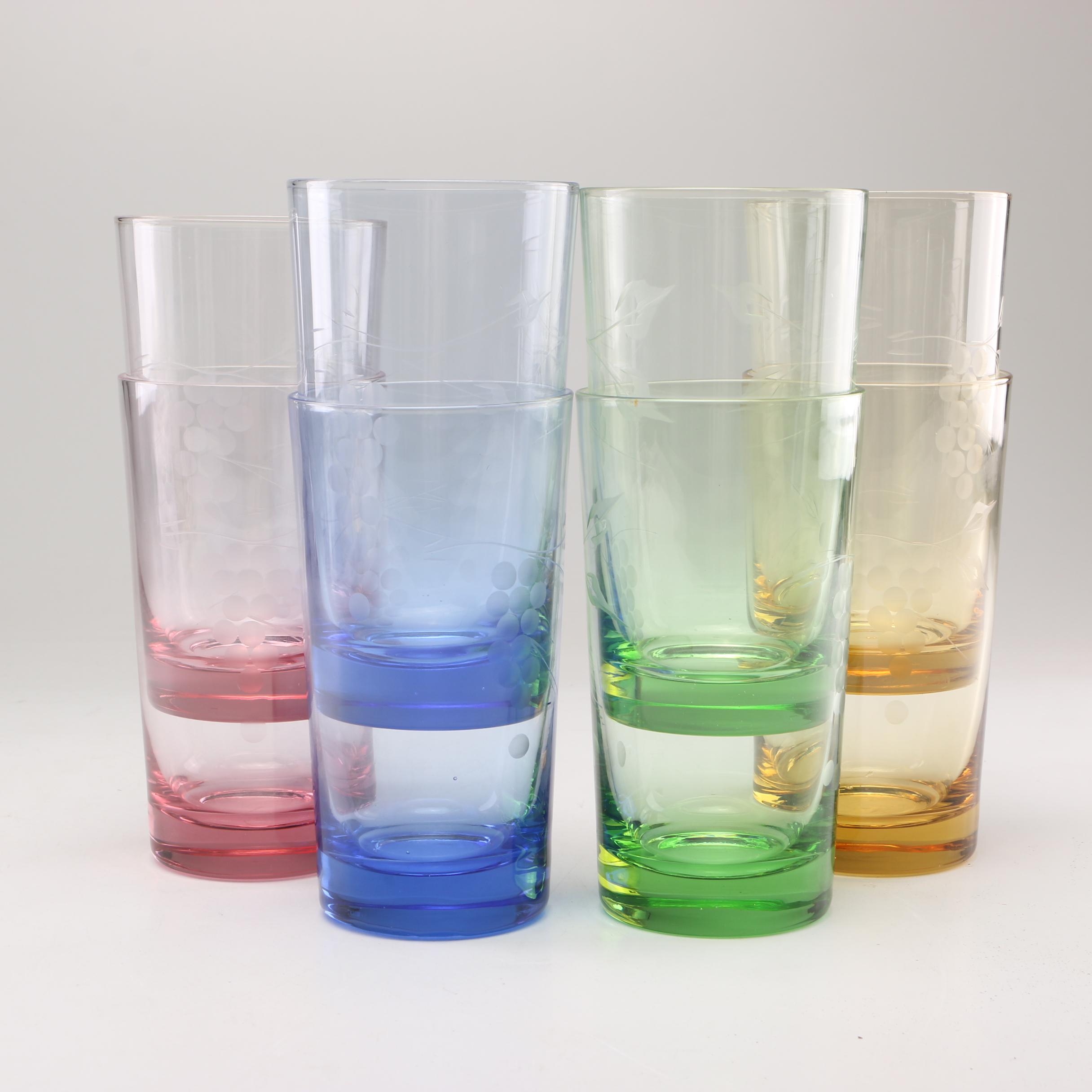 Vintage Etched Colored Glass Tumblers