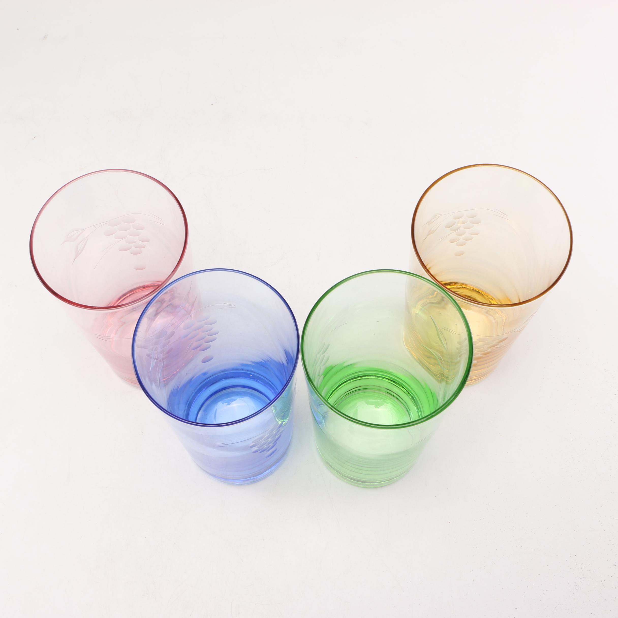 Vintage Etched Colored Glass Tumblers