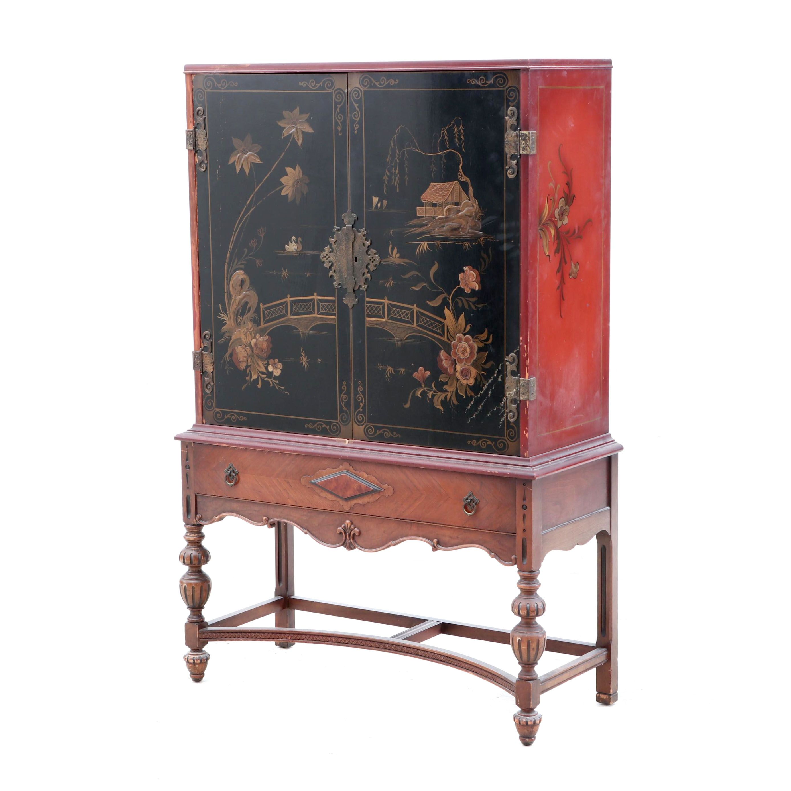 Jacobean Style Chinoiserie Lacquered Cabinet, Circa 1920