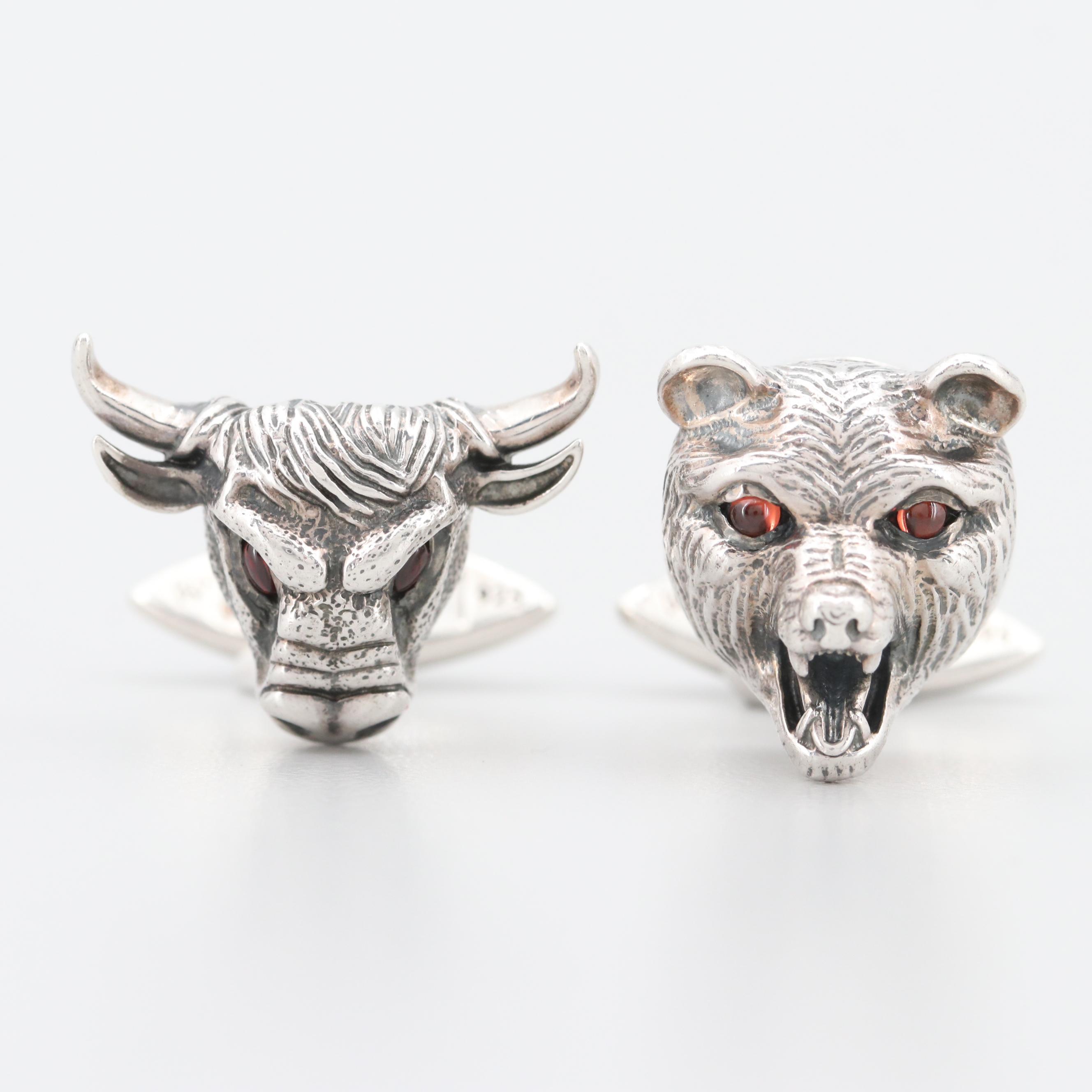 Stephen Webster Sterling Silver Garnet Accented Bull and Bear Cufflinks