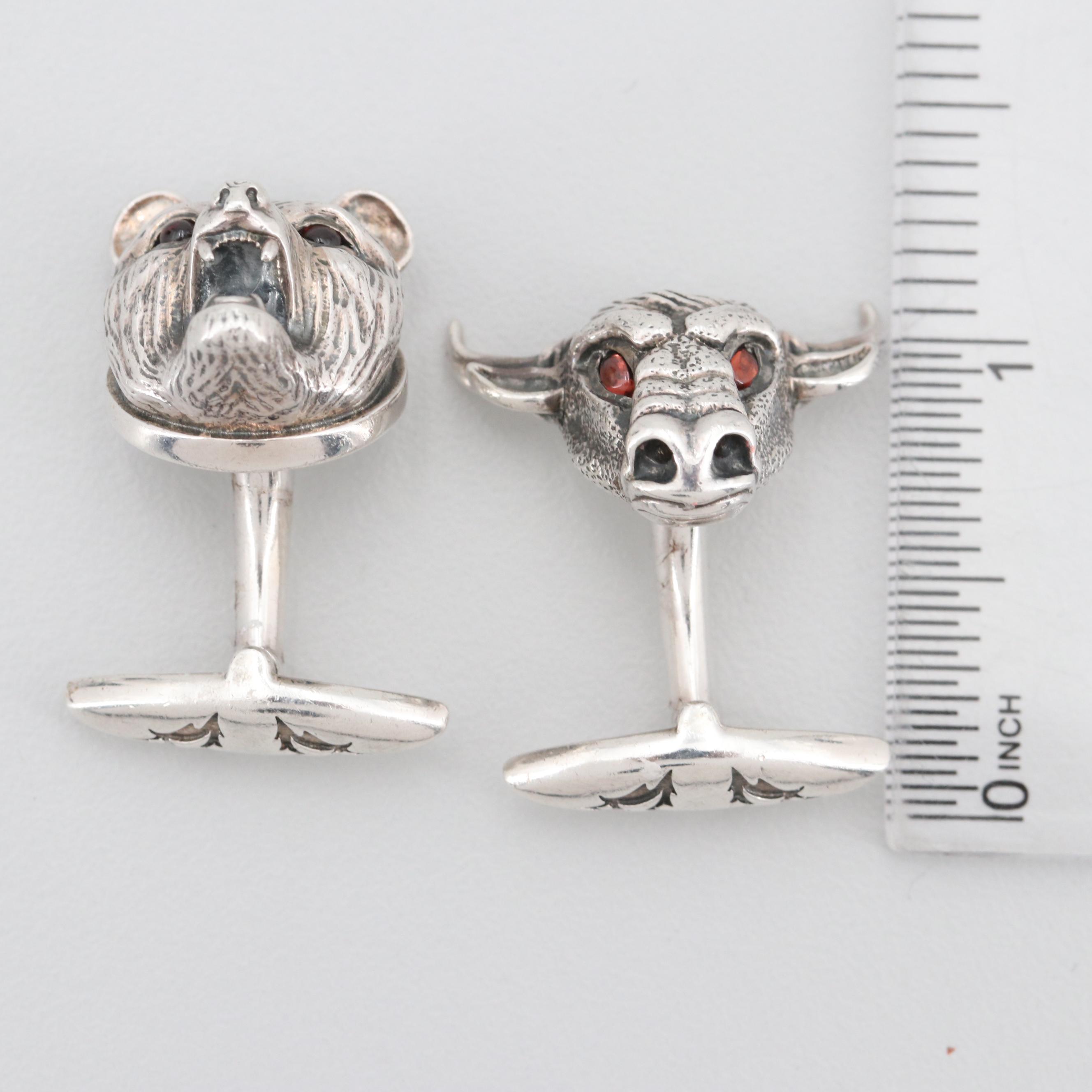 Stephen Webster Sterling Silver Garnet Accented Bull and Bear Cufflinks