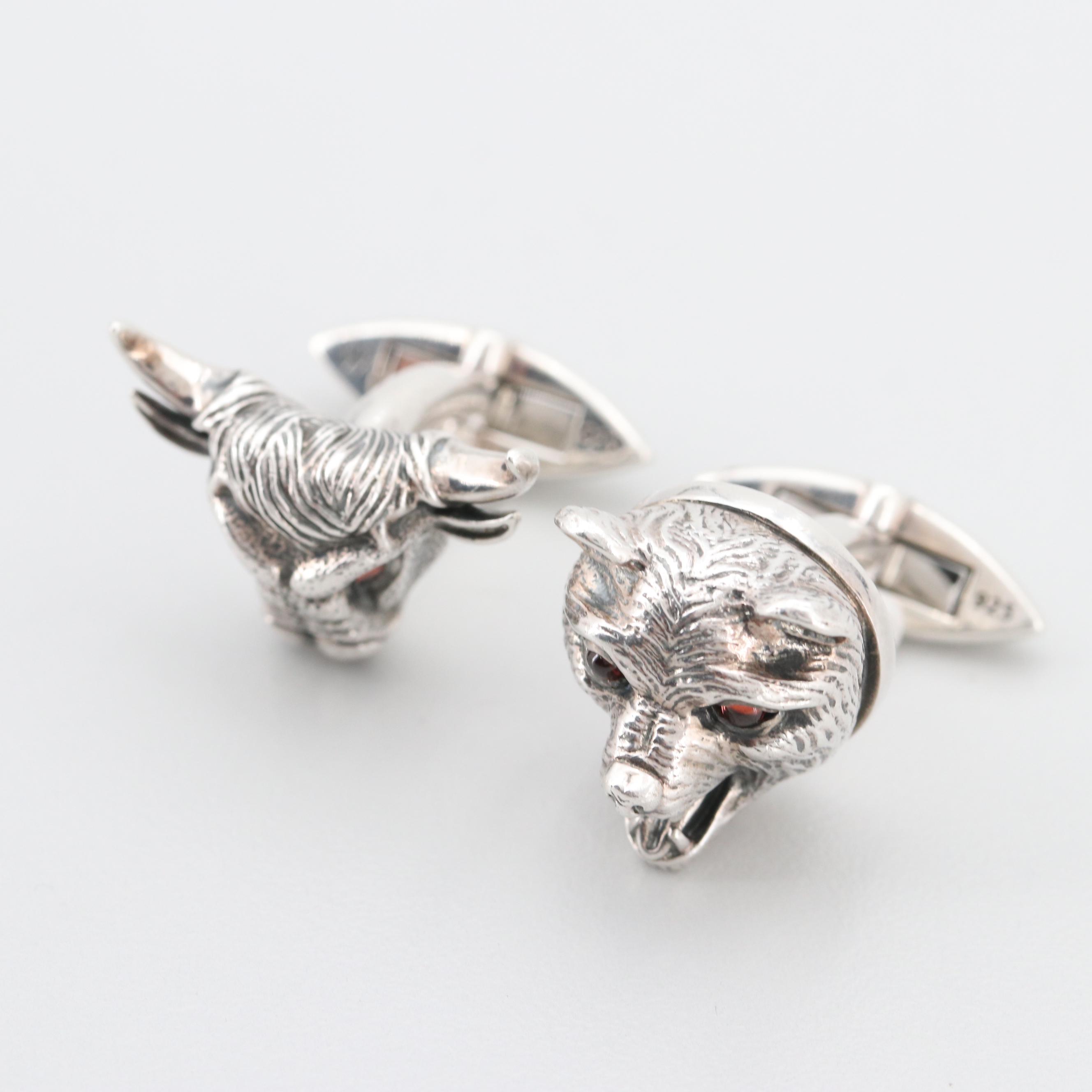 Stephen Webster Sterling Silver Garnet Accented Bull and Bear Cufflinks