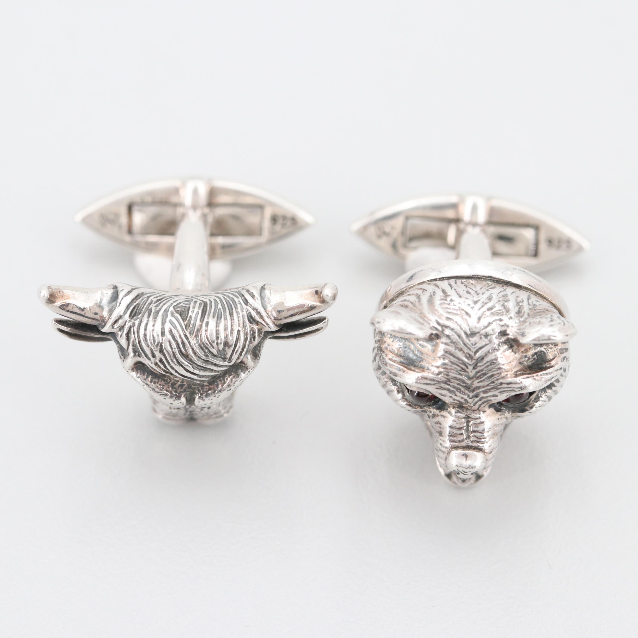 Stephen Webster Sterling Silver Garnet Accented Bull and Bear Cufflinks