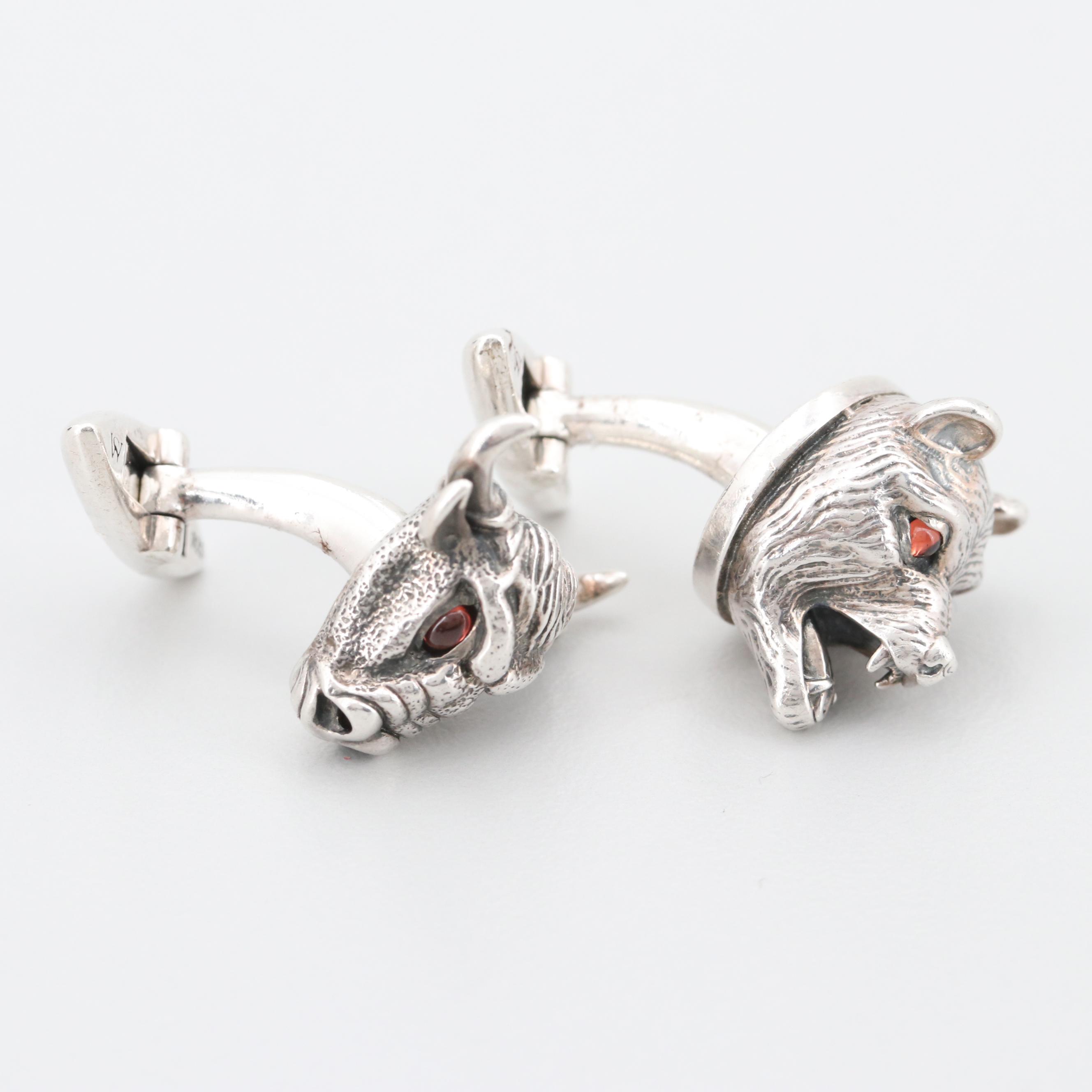 Stephen Webster Sterling Silver Garnet Accented Bull and Bear Cufflinks