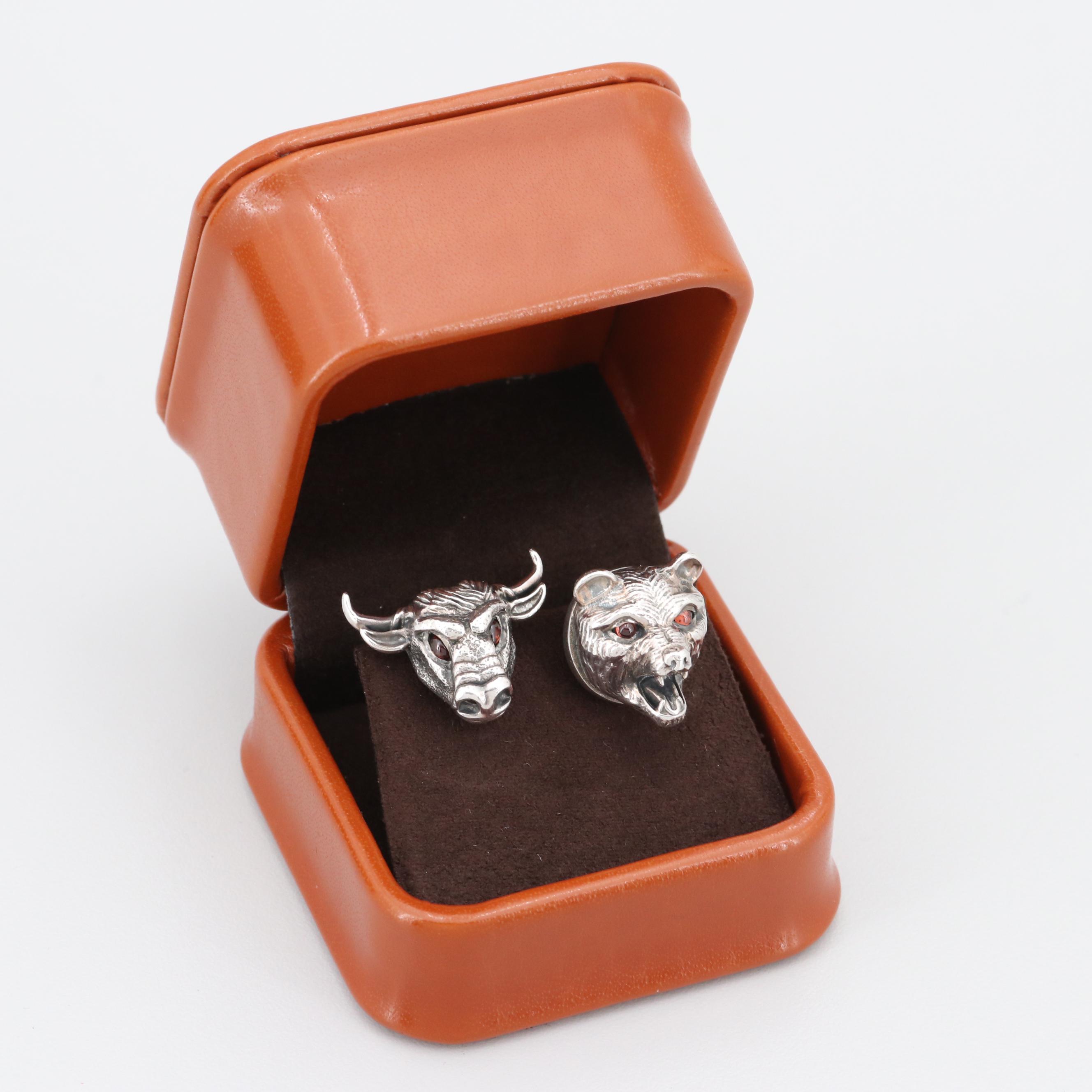 Stephen Webster Sterling Silver Garnet Accented Bull and Bear Cufflinks