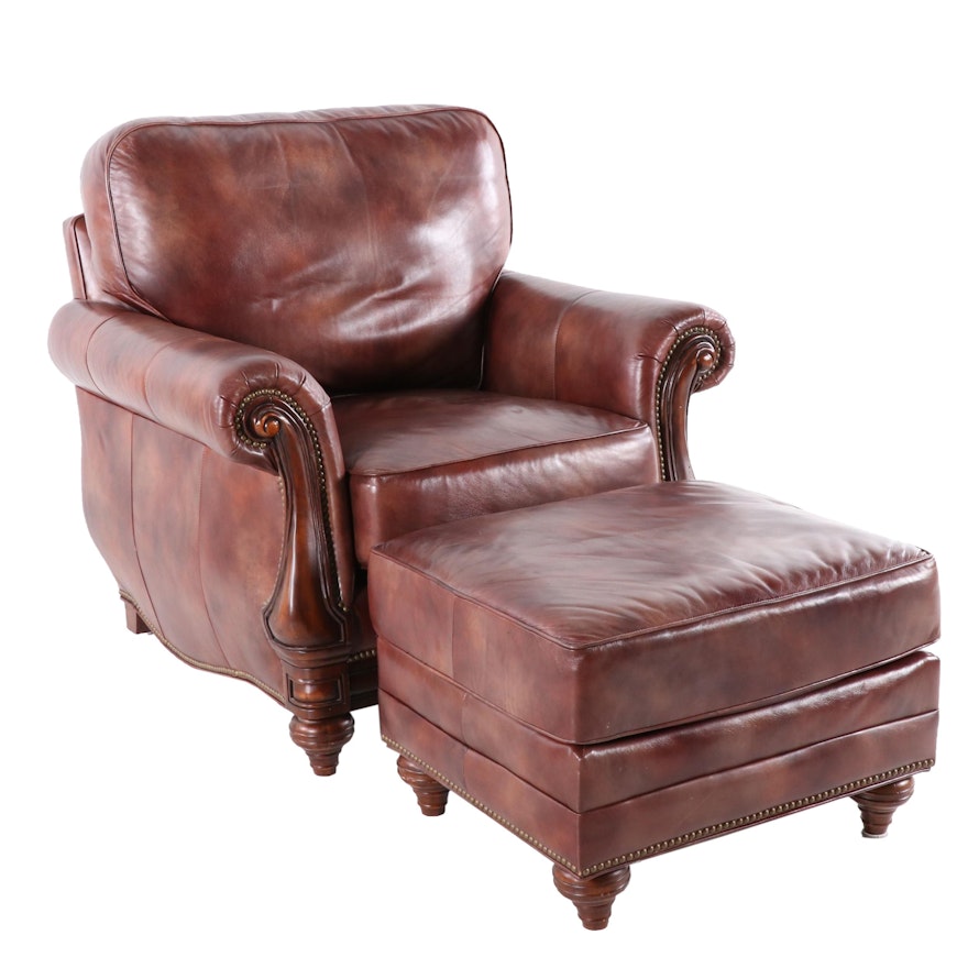Bradington Young Leather Club Chair and Ottoman with Nailhead Trim