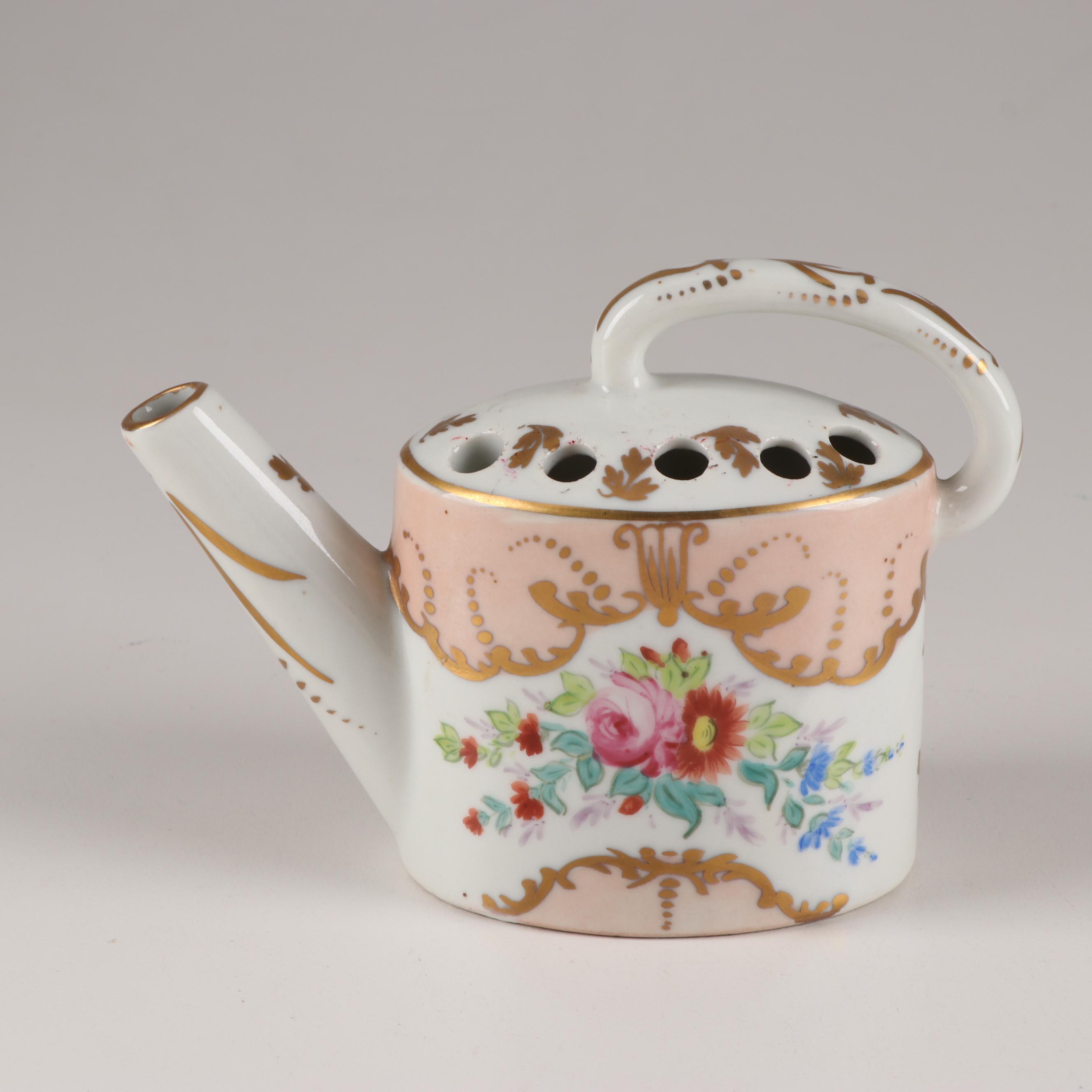 Hand-Painted Porcelain Flower Frog Watering Can in the Style of Sevres