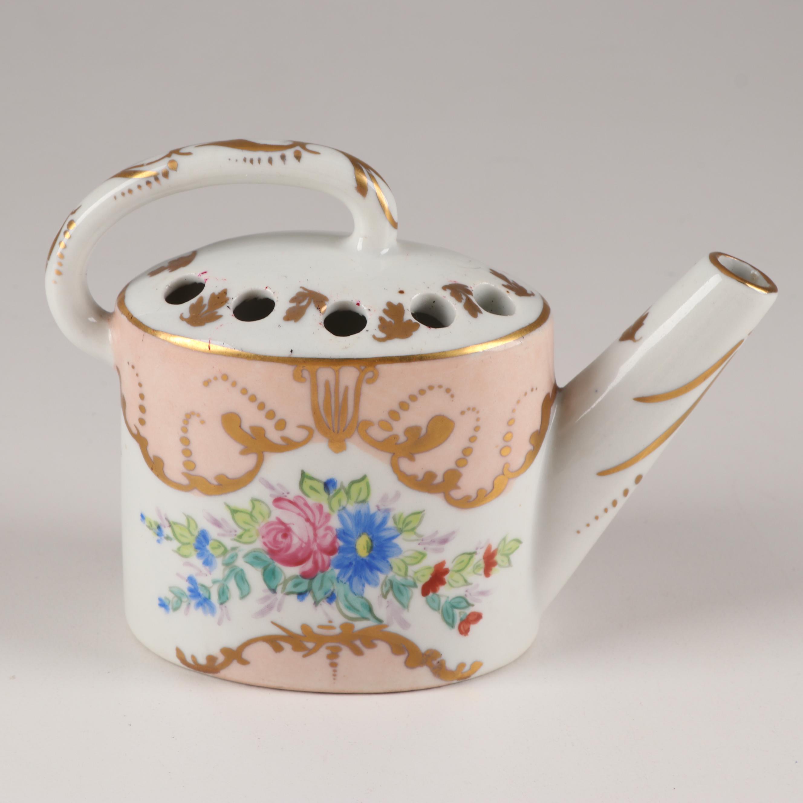 Hand-Painted Porcelain Flower Frog Watering Can in the Style of Sevres