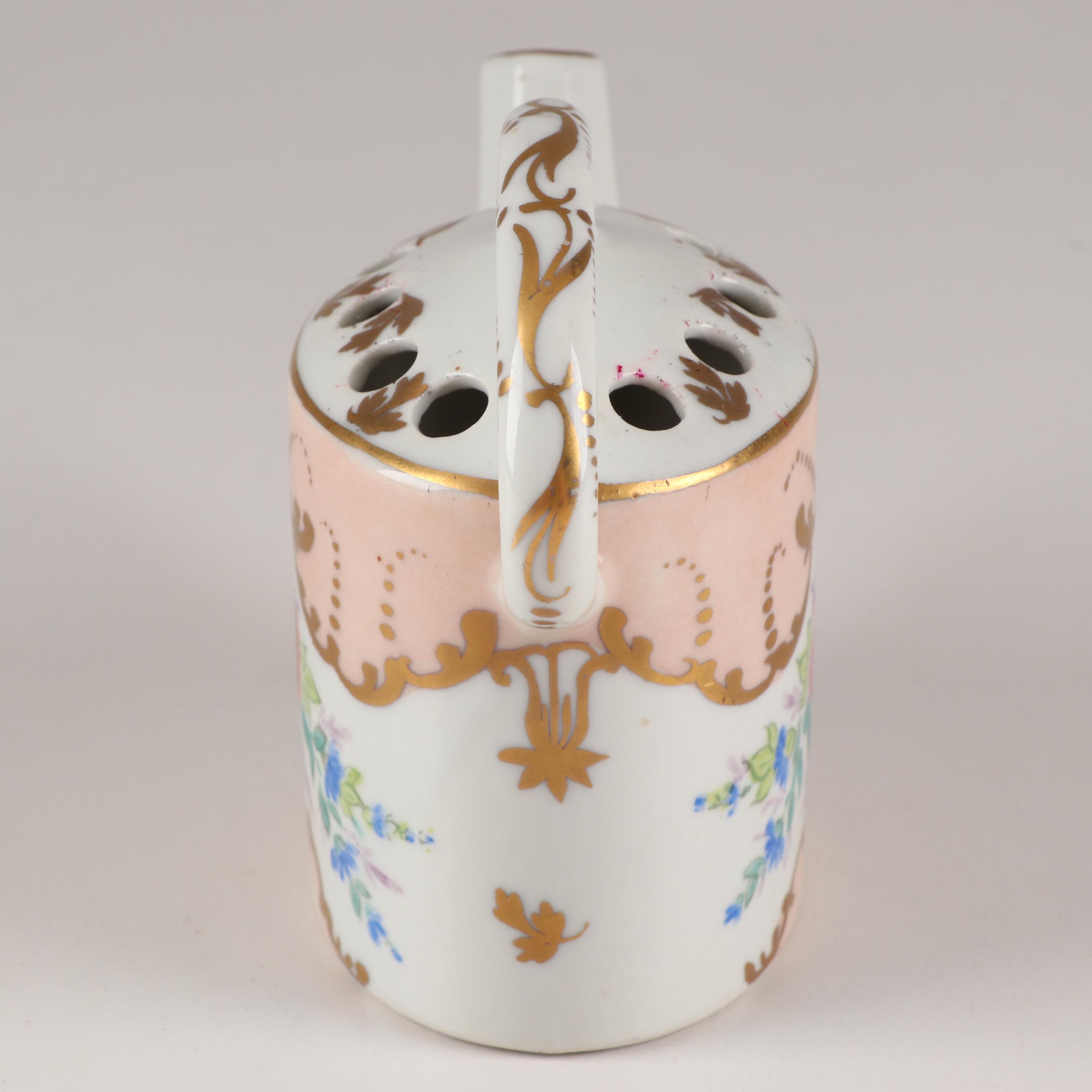 Hand-Painted Porcelain Flower Frog Watering Can in the Style of Sevres