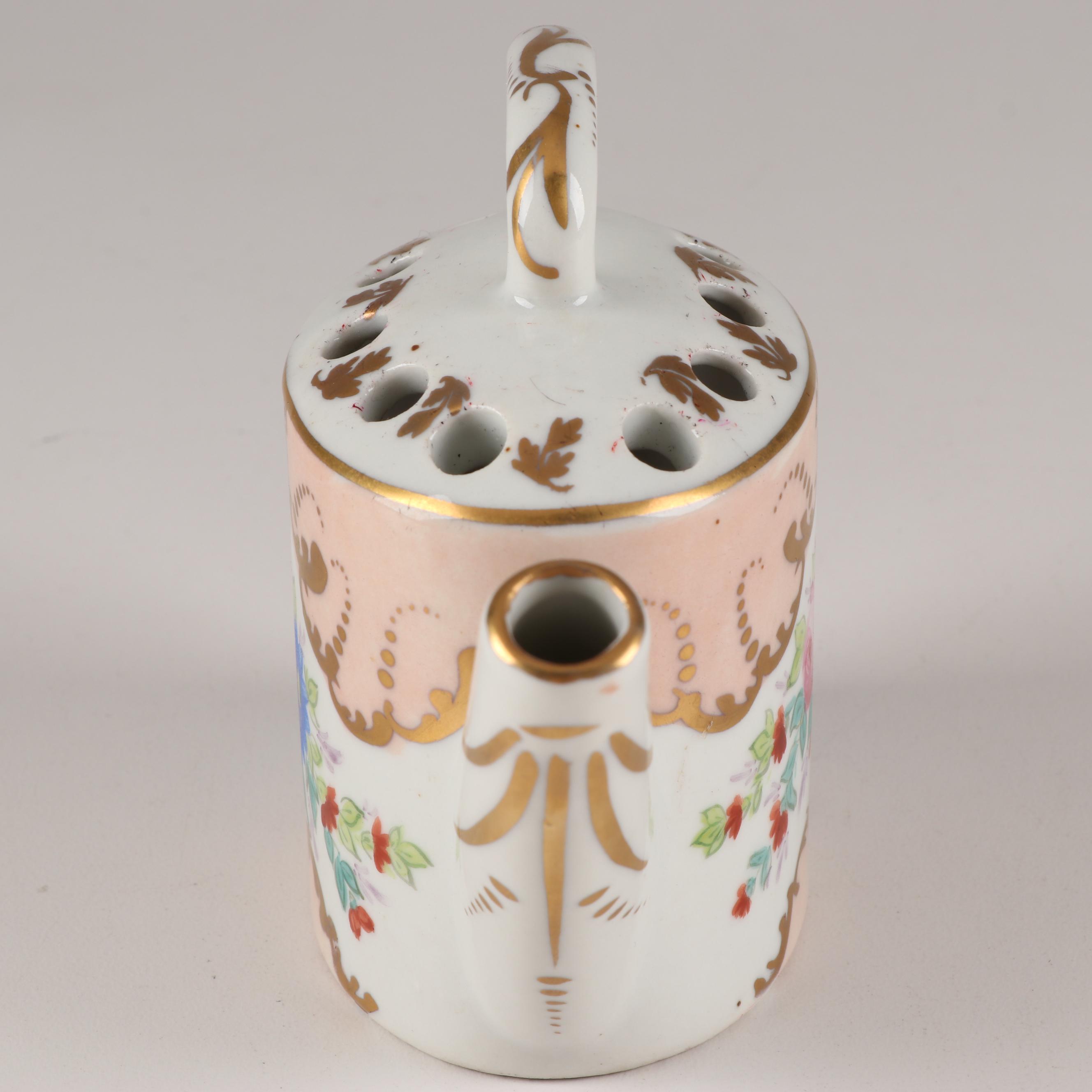 Hand-Painted Porcelain Flower Frog Watering Can in the Style of Sevres