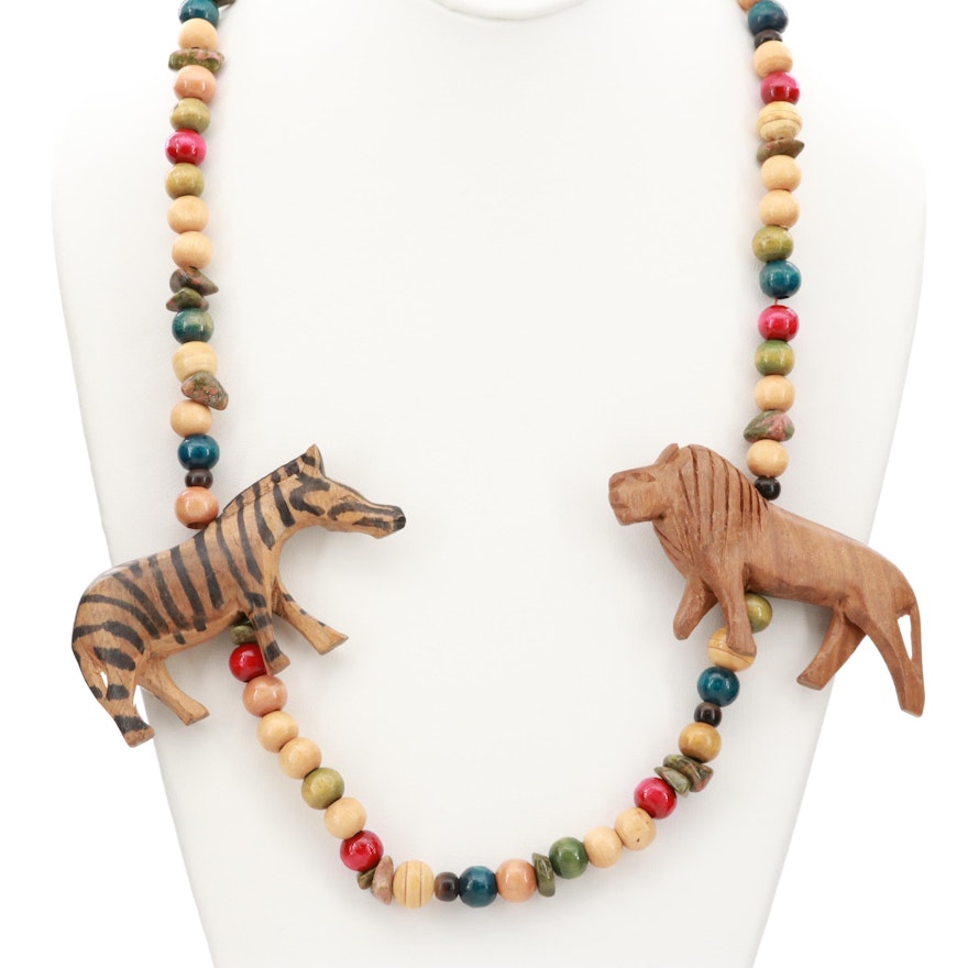 Painted Wood Zebra and Lion Necklace