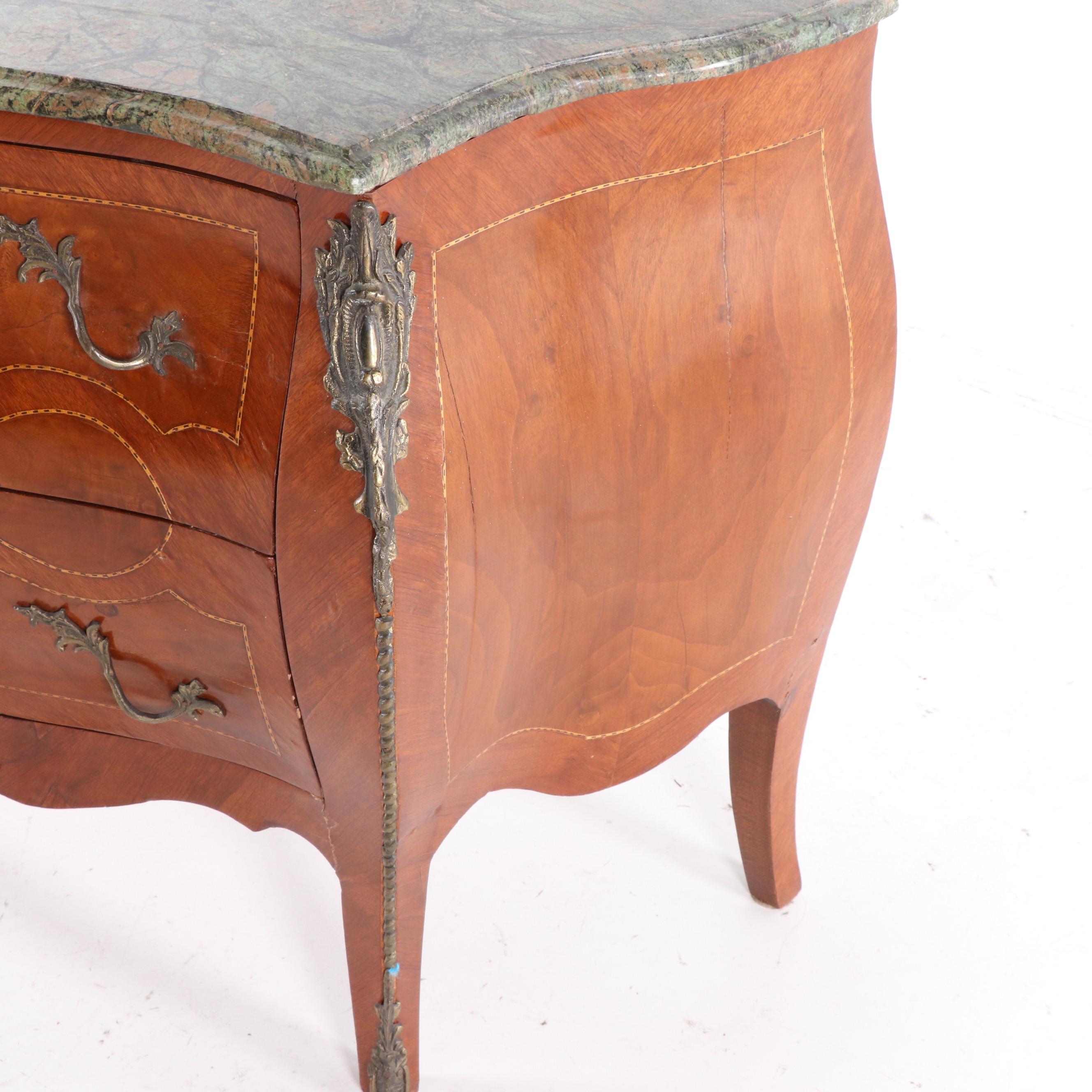 Louis XV Style Bombe Commode With Metal Mounts and Marble Top