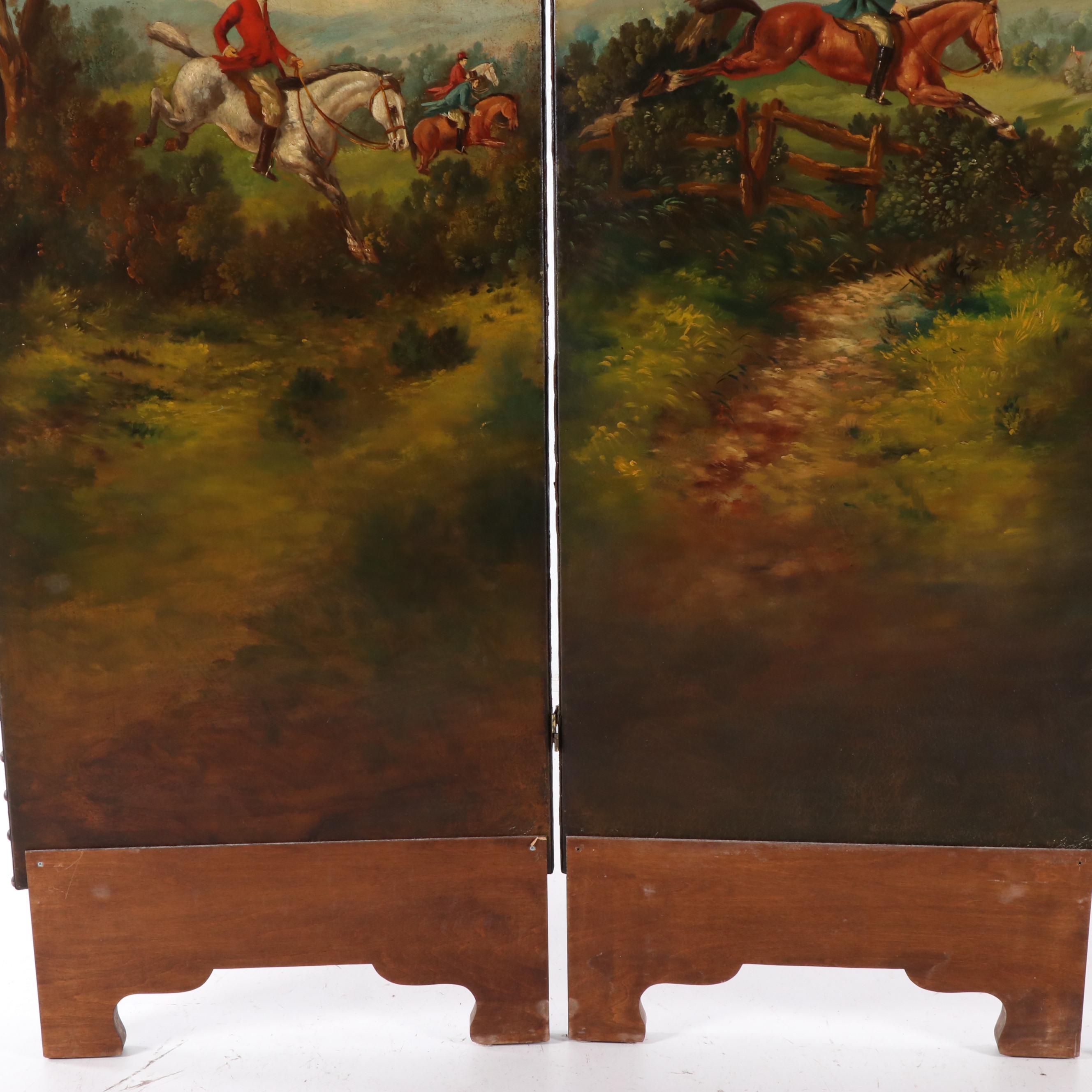 Hand-Painted English Hunt Scene Room Divider, Early - Mid 20th Century