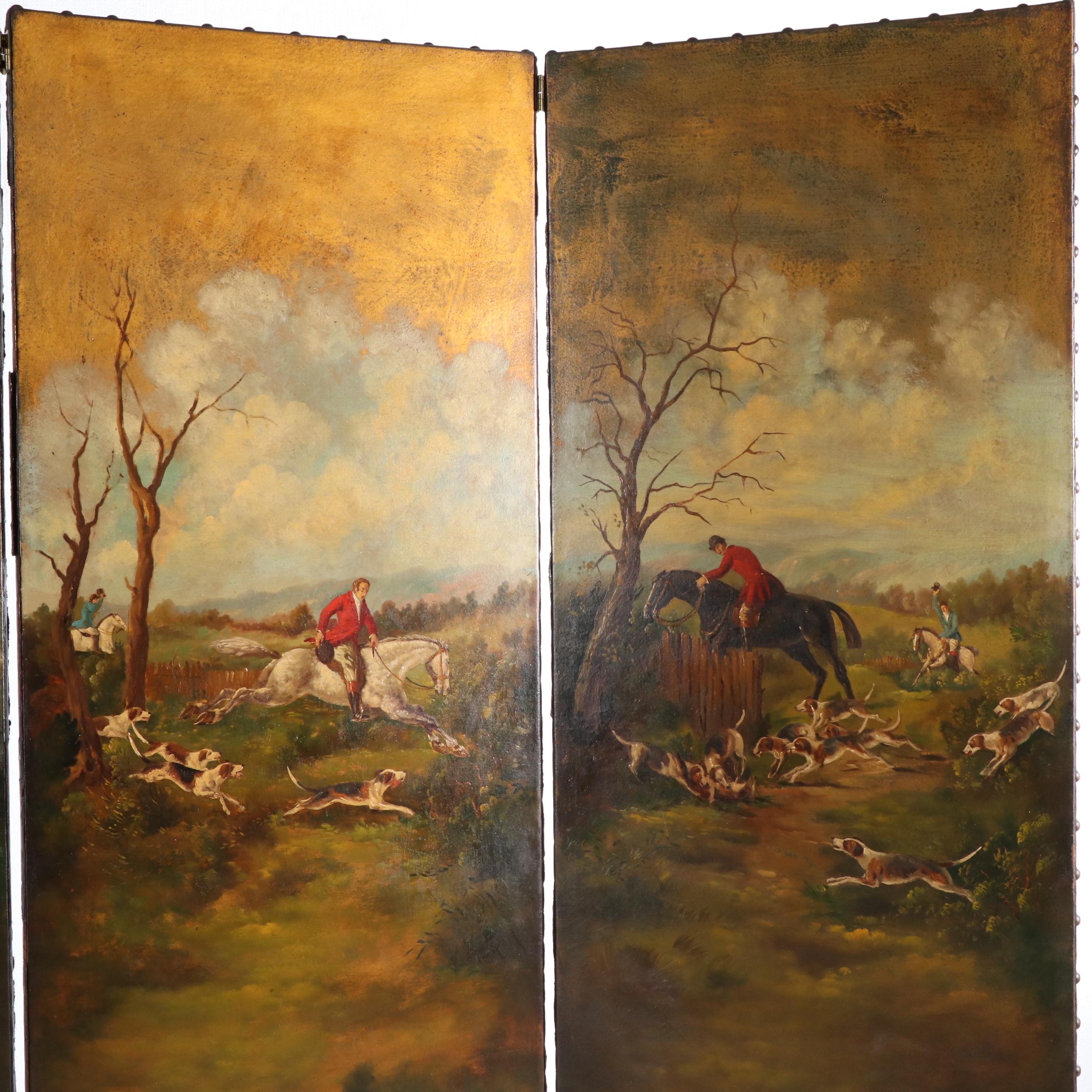 Hand-Painted English Hunt Scene Room Divider, Early - Mid 20th Century