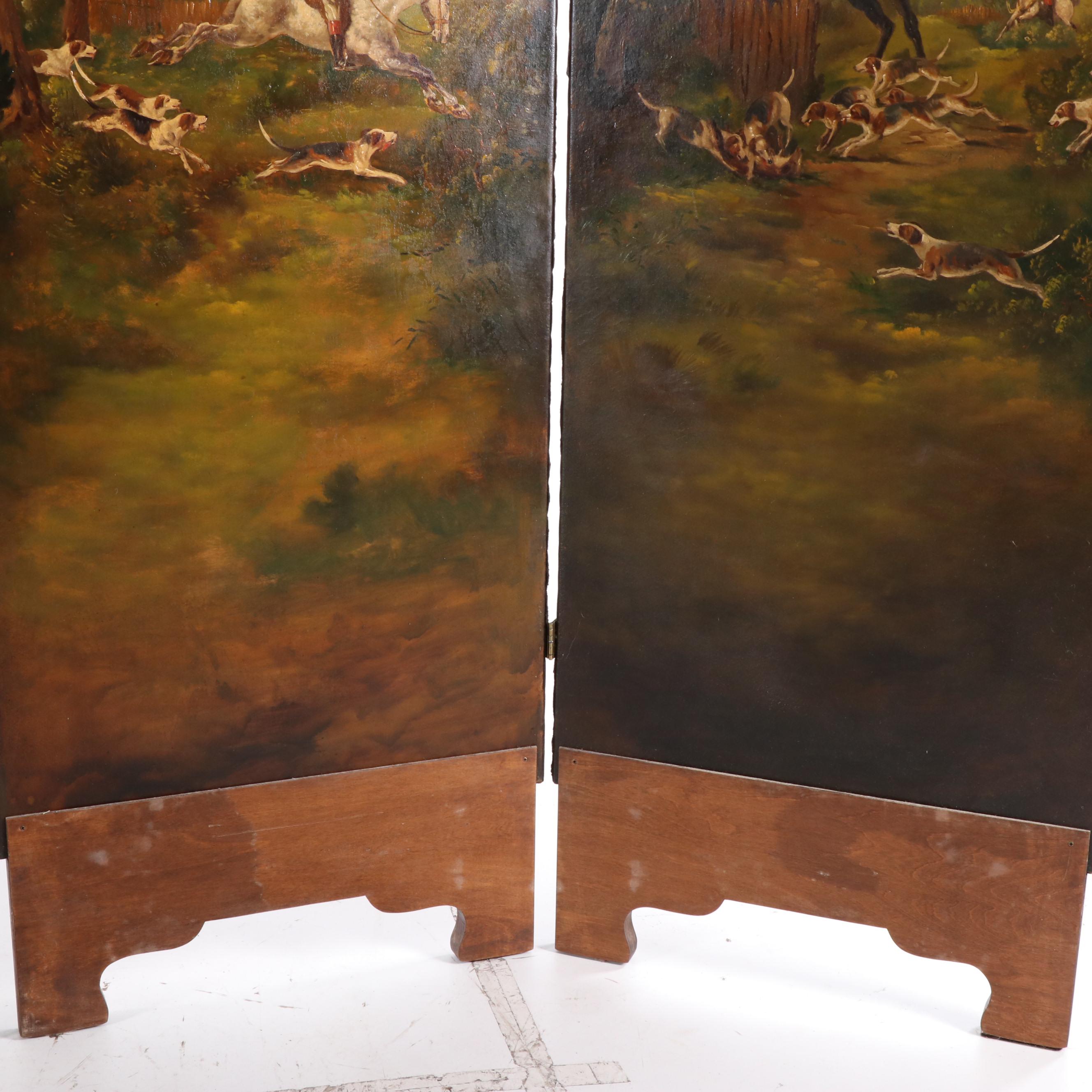 Hand-Painted English Hunt Scene Room Divider, Early - Mid 20th Century