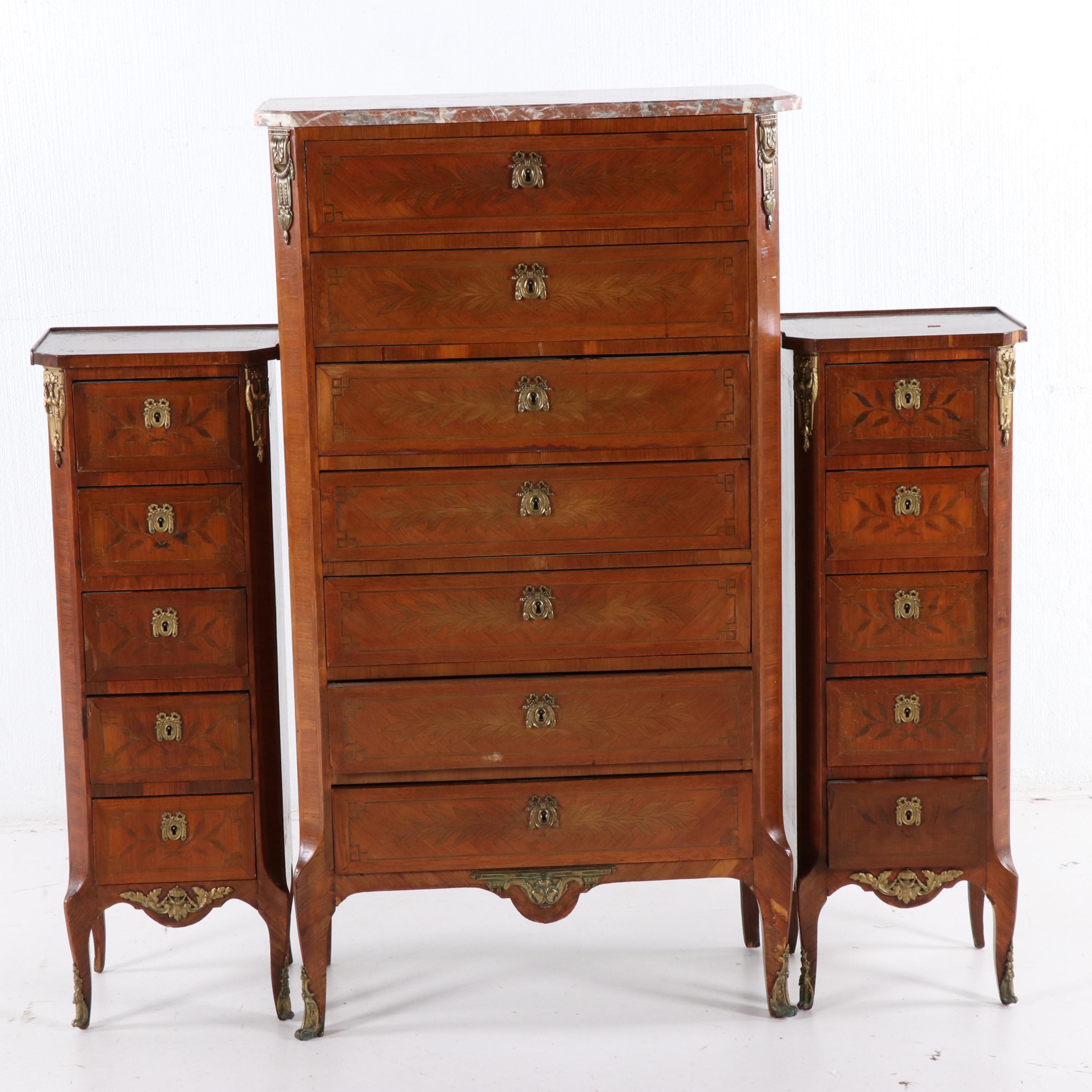Italian Burled Walnut Veneer Dresser With Metal Mounts, Mid-20th Century