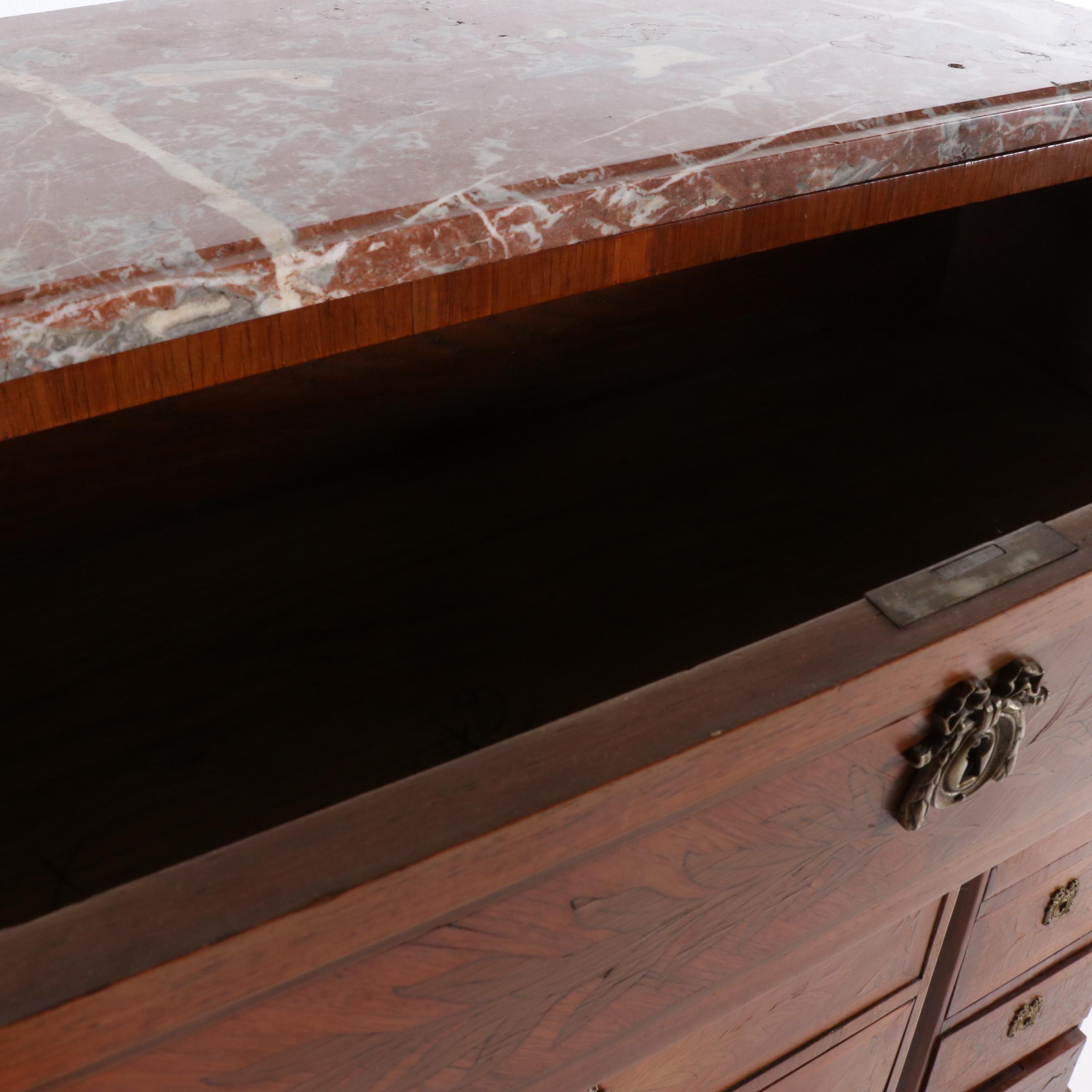 Italian Burled Walnut Veneer Dresser With Metal Mounts, Mid-20th Century