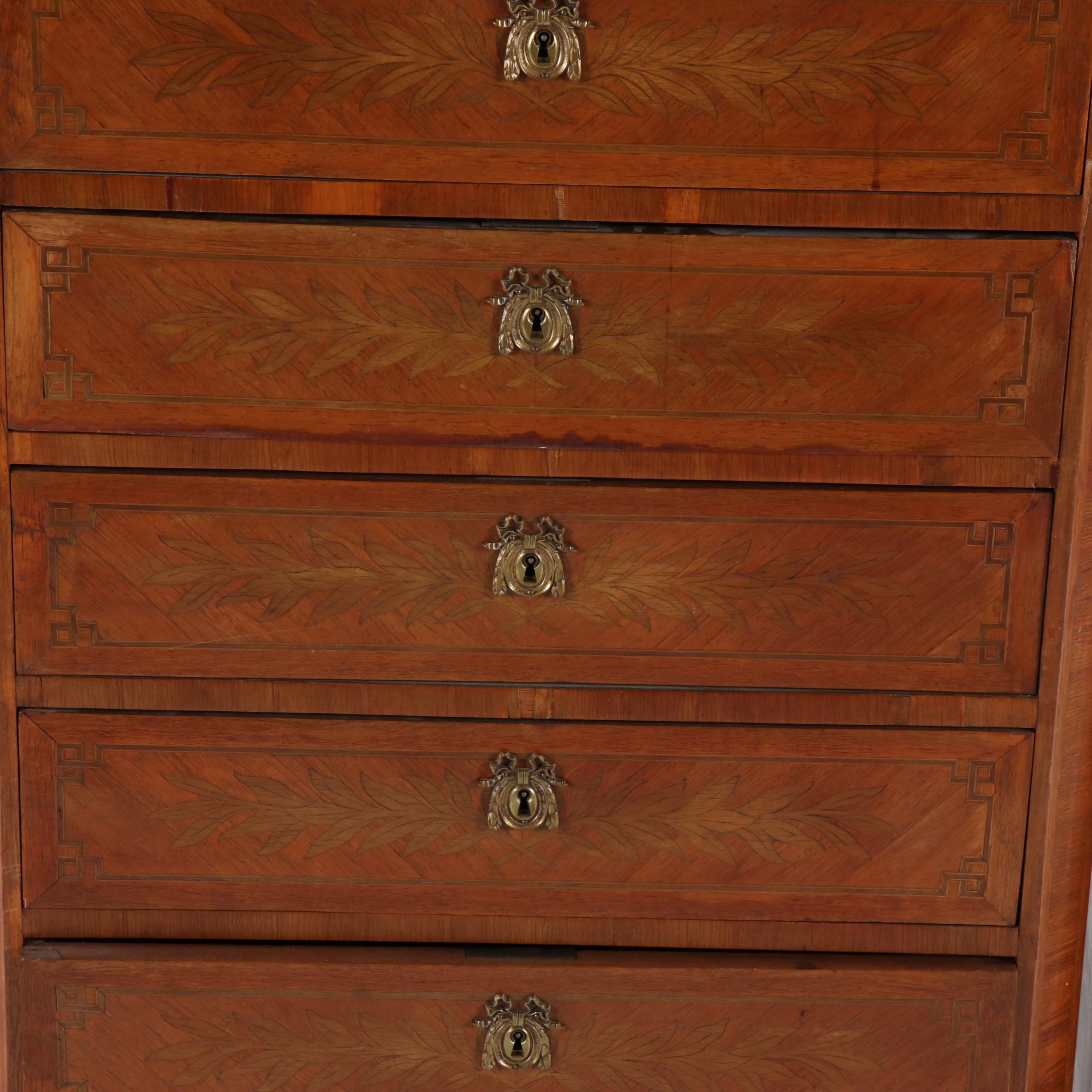 Italian Burled Walnut Veneer Dresser With Metal Mounts, Mid-20th Century
